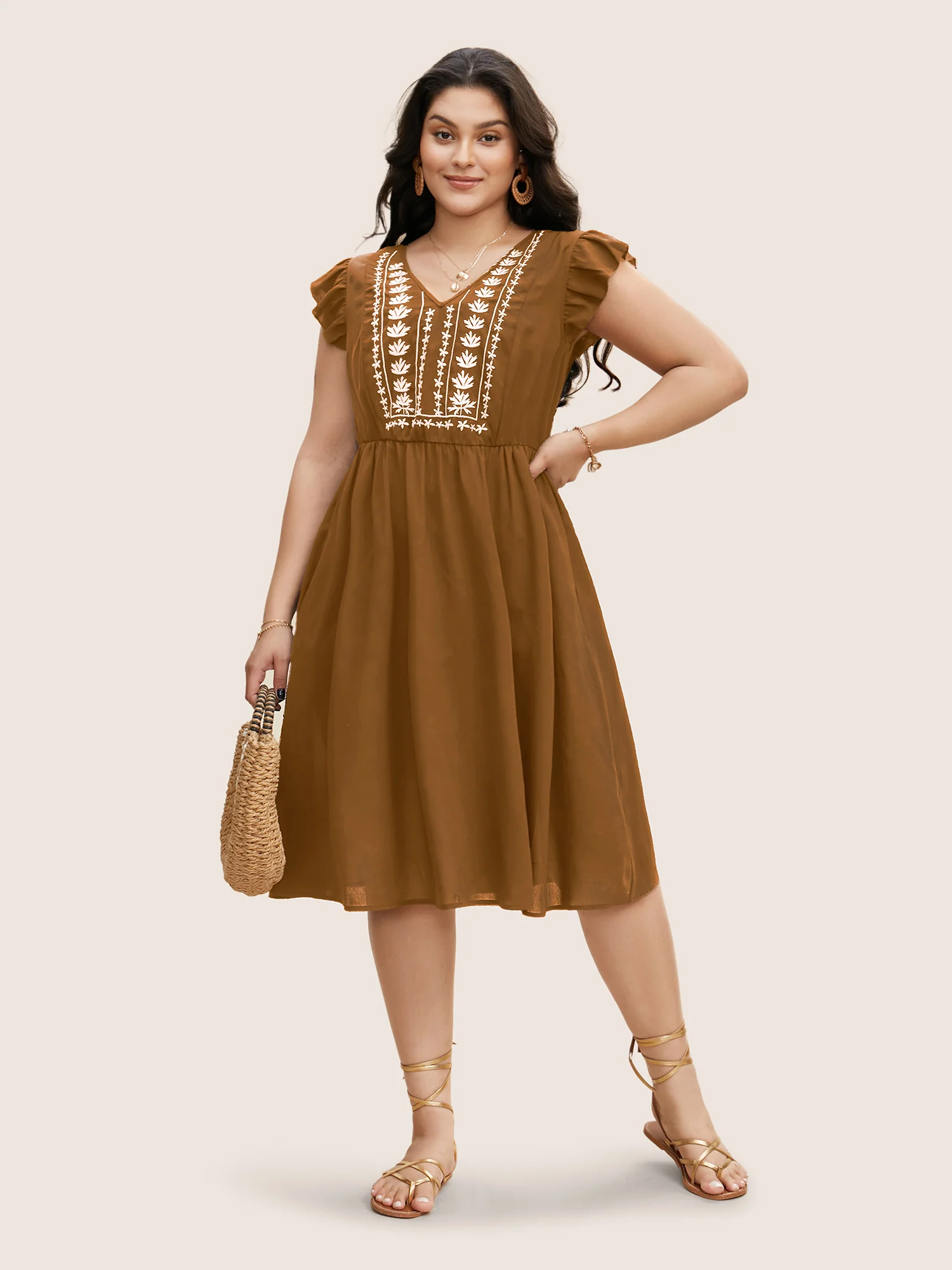 Floral Embroidered V Neck Ruffle Cap Sleeve Dress - Image 12