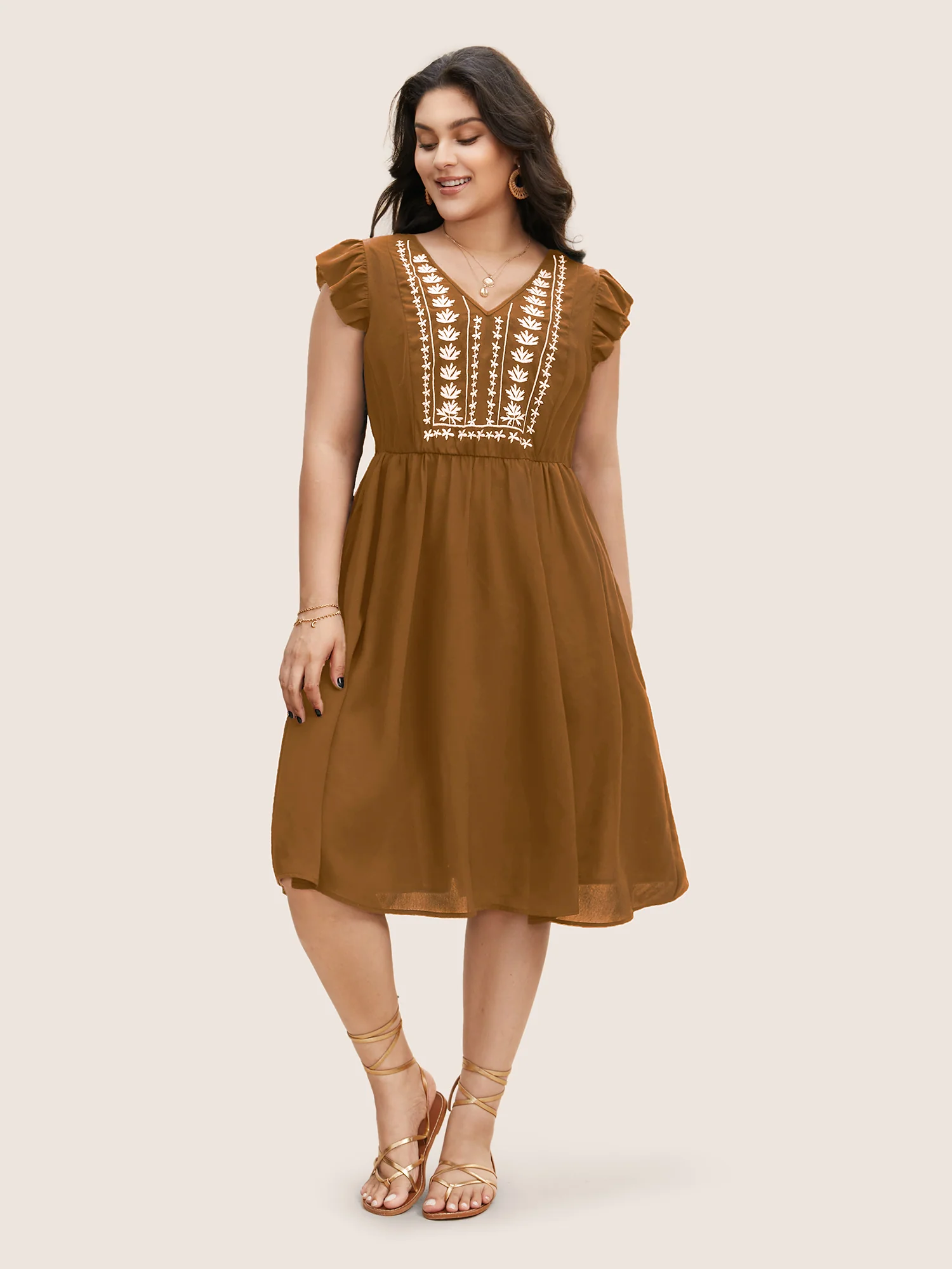 Floral Embroidered V Neck Ruffle Cap Sleeve Dress - Image 13