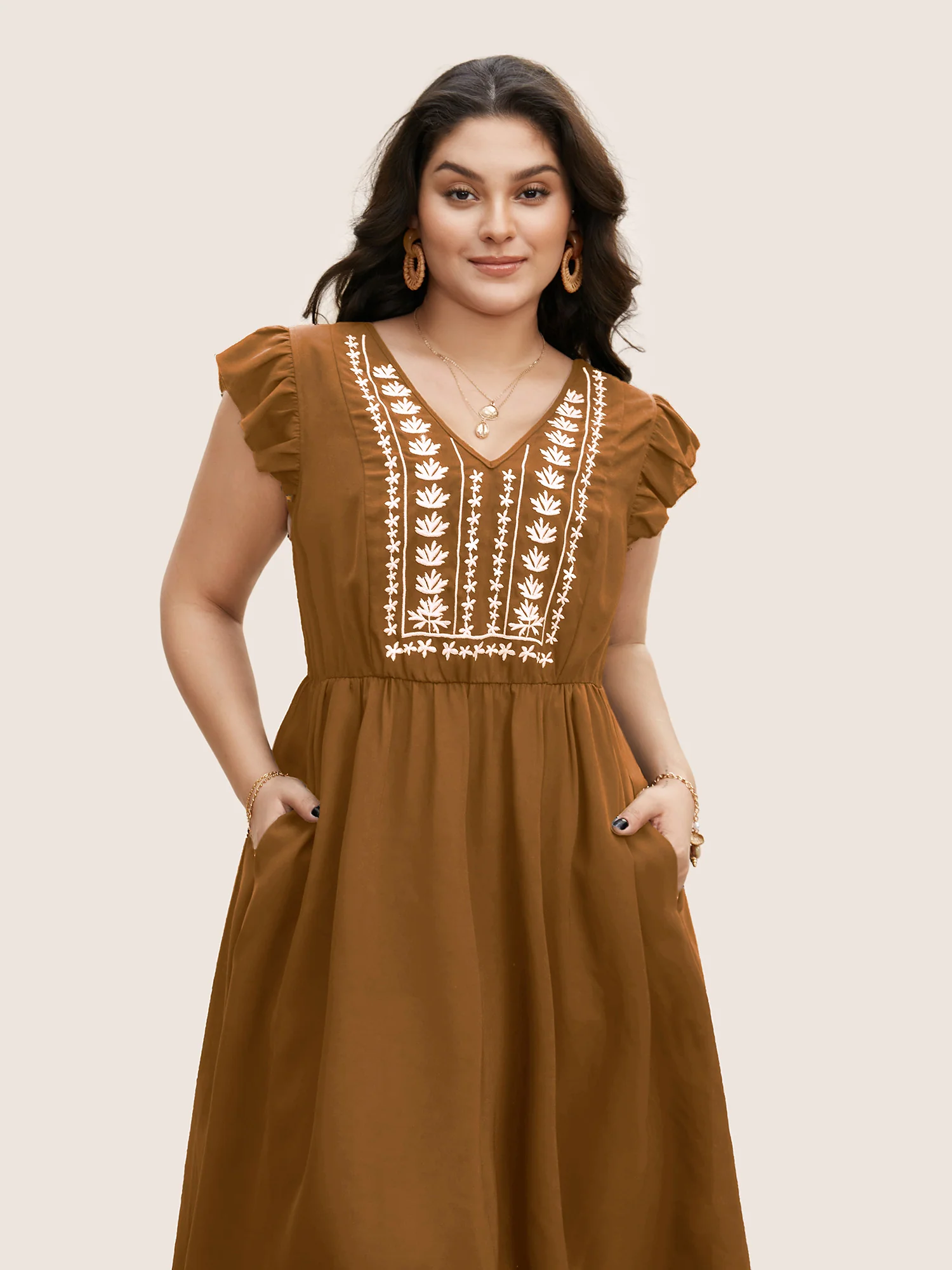 Floral Embroidered V Neck Ruffle Cap Sleeve Dress - Image 14
