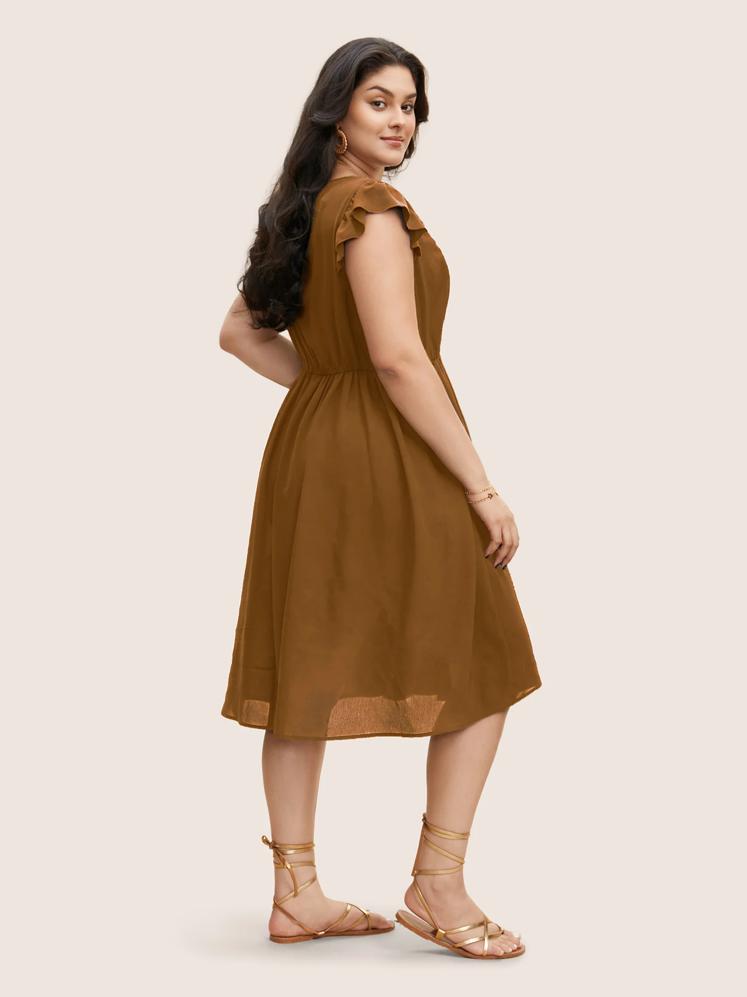 Floral Embroidered V Neck Ruffle Cap Sleeve Dress - Image 15