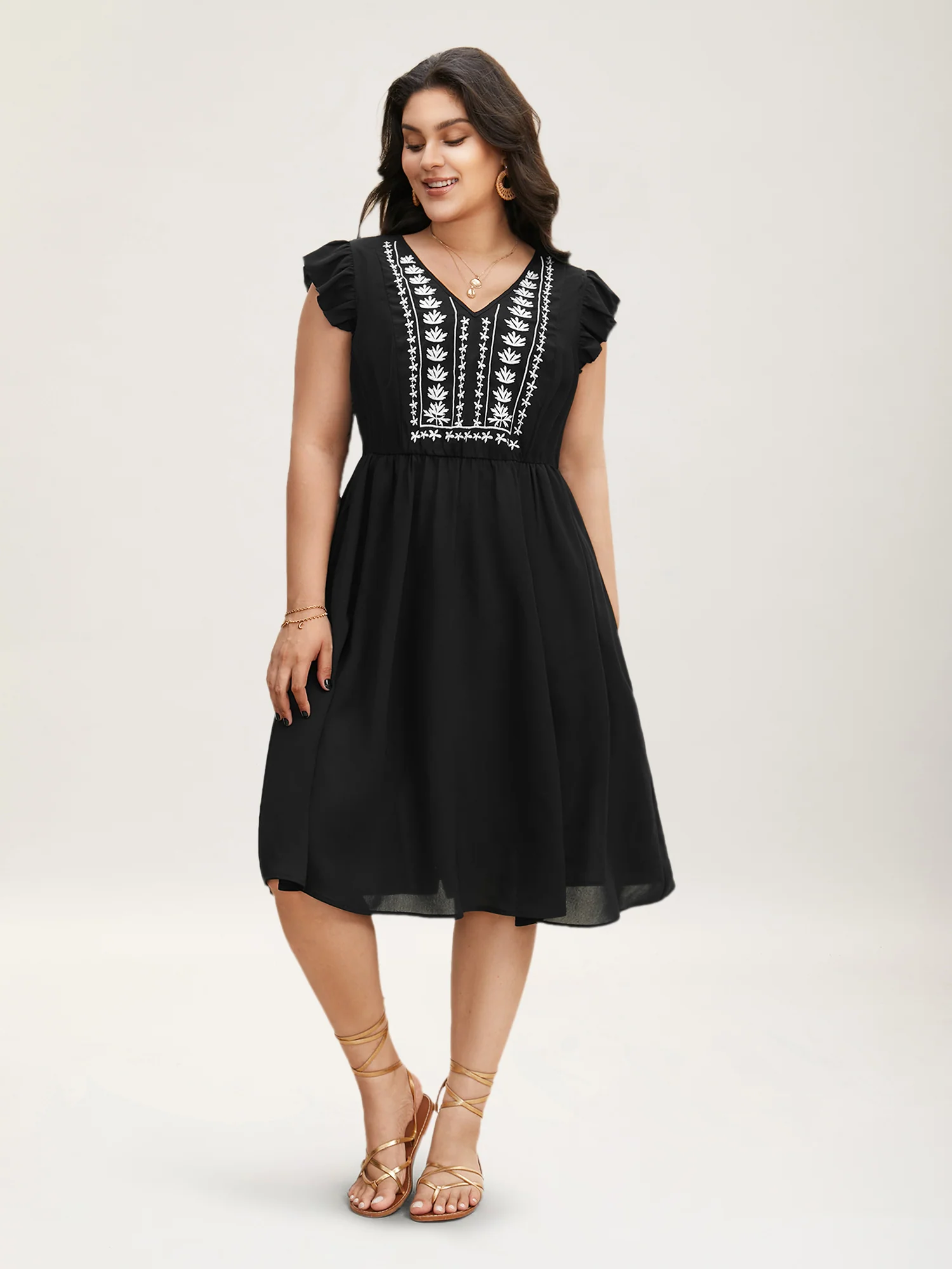 Floral Embroidered V Neck Ruffle Cap Sleeve Dress - Image 2