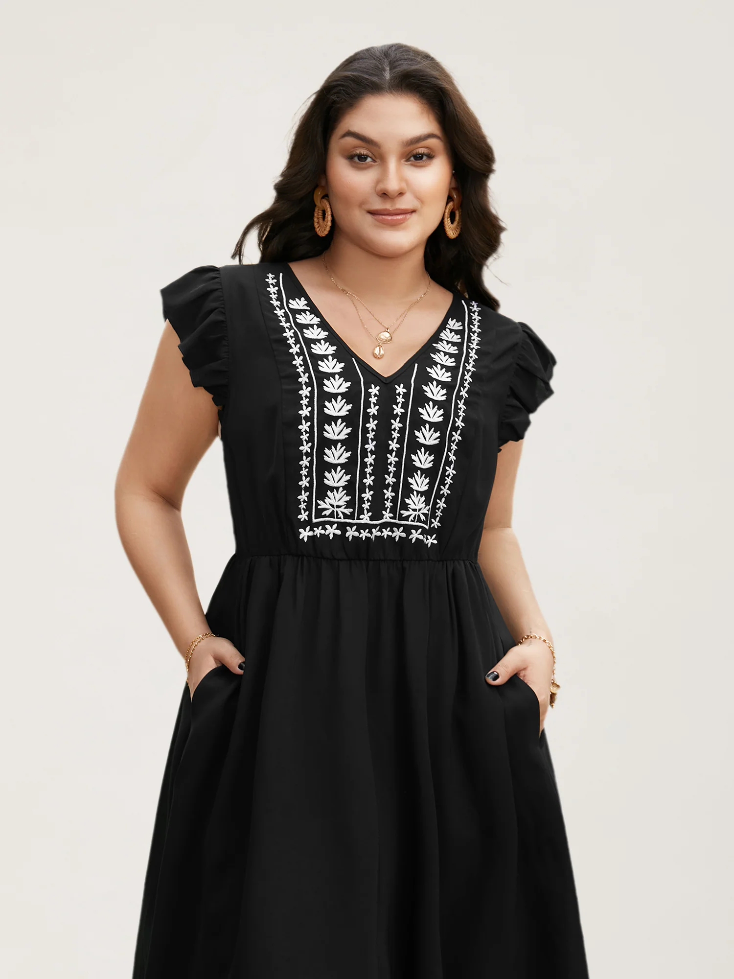 Floral Embroidered V Neck Ruffle Cap Sleeve Dress - Image 4