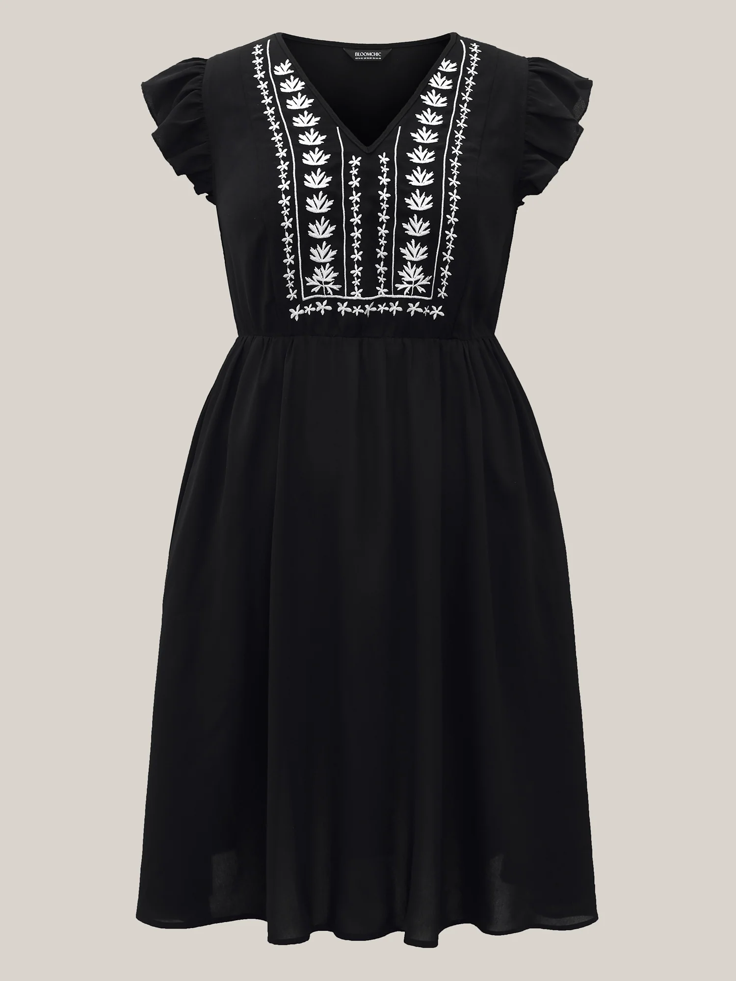 Floral Embroidered V Neck Ruffle Cap Sleeve Dress - Image 7