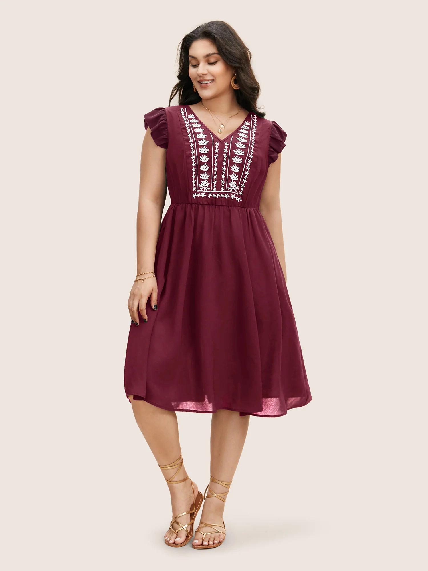 Floral Embroidered V Neck Ruffle Cap Sleeve Dress - Image 9