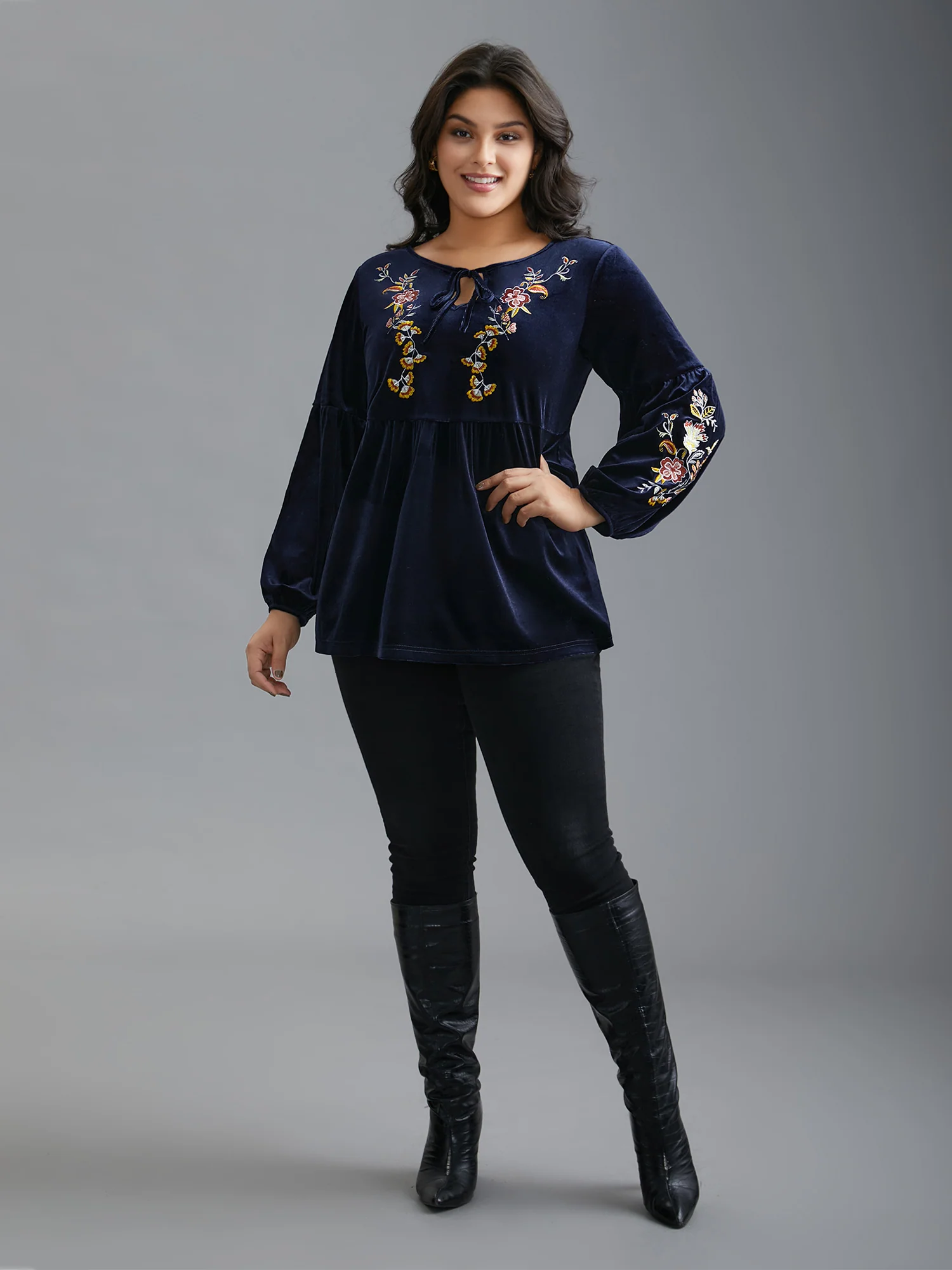 Floral Embroidered Velvet Tie Knot Blouse - Image 2