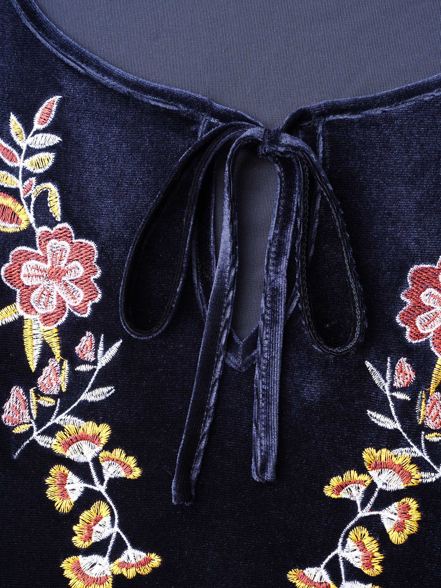 Floral Embroidered Velvet Tie Knot Blouse - Image 5