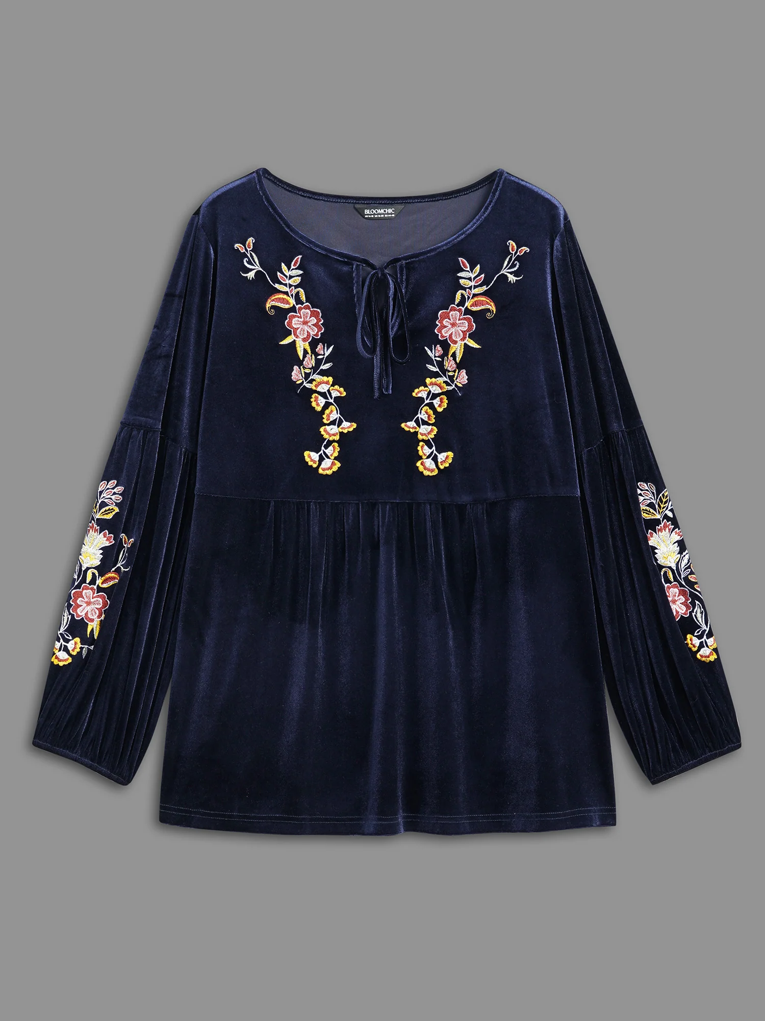 Floral Embroidered Velvet Tie Knot Blouse - Image 7