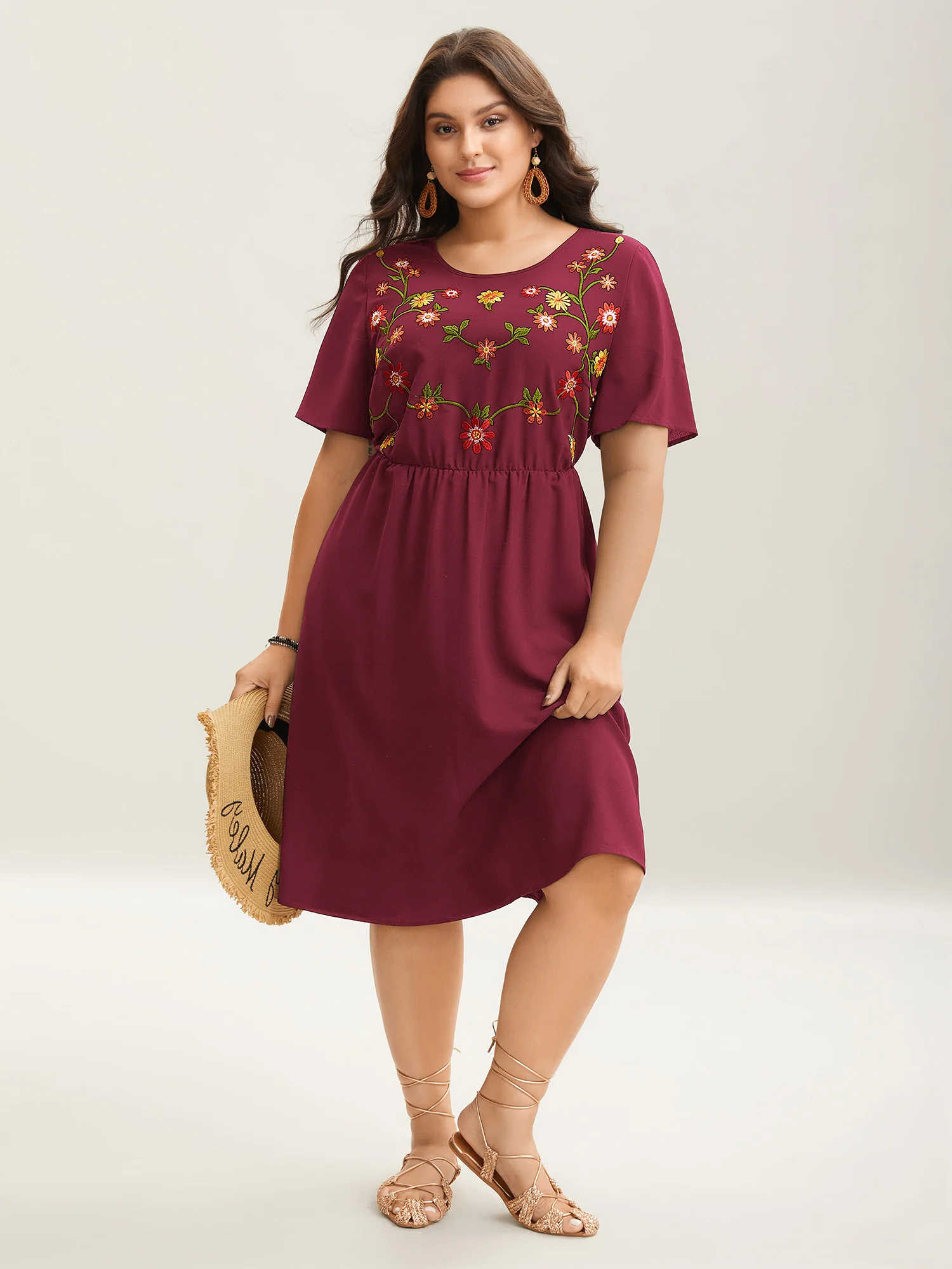 Floral Embroidered Waist-Cinched Midi Dress - Image 10