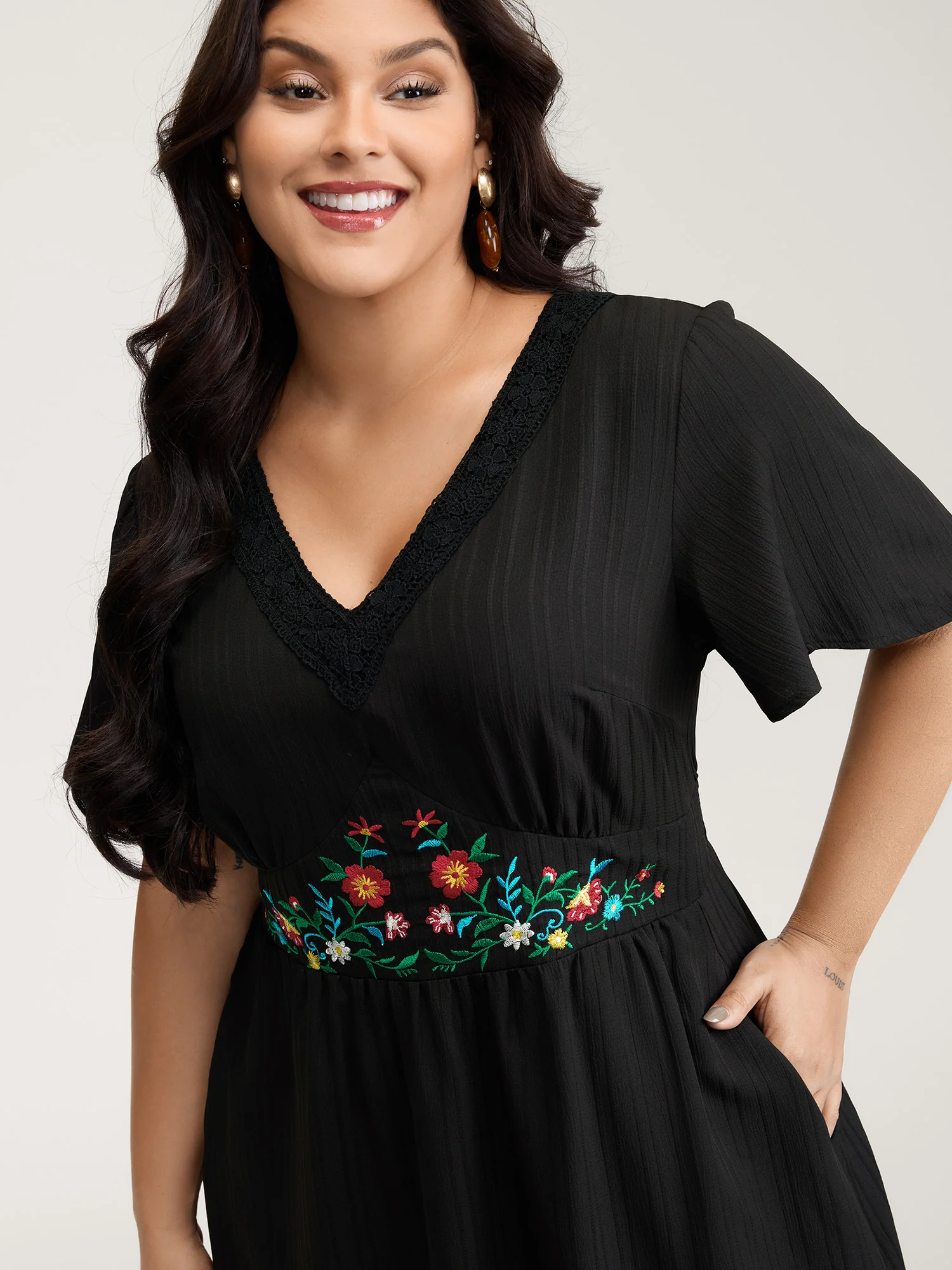 Floral Embroidered Waist Lace Trim Midi Dress - Image 2