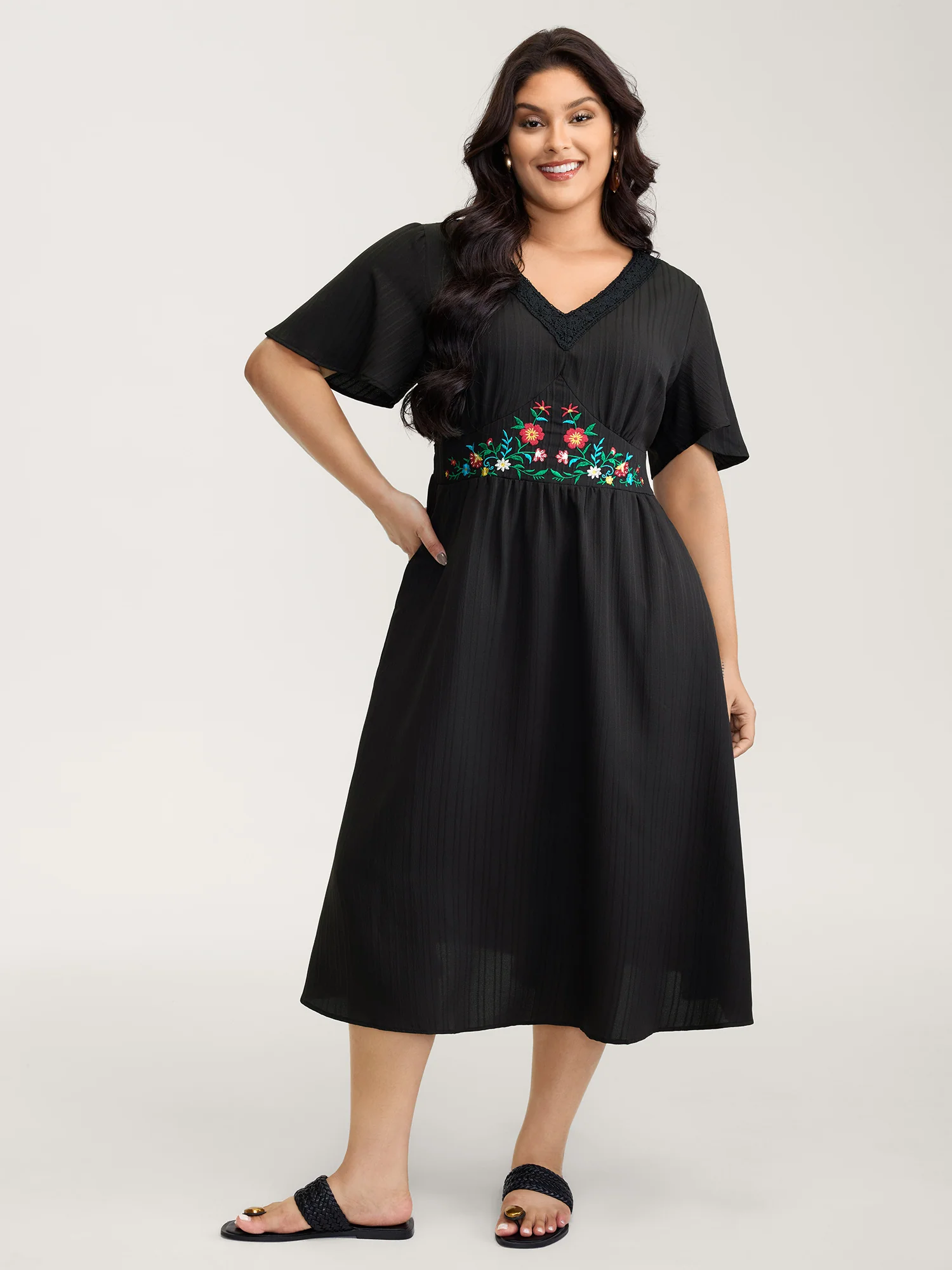 Floral Embroidered Waist Lace Trim Midi Dress - Image 3