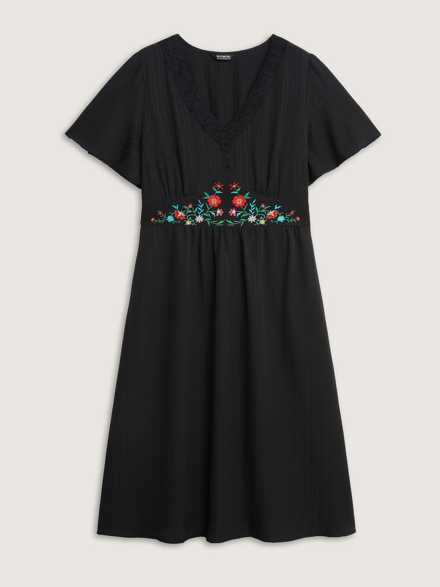 Floral Embroidered Waist Lace Trim Midi Dress - Image 7