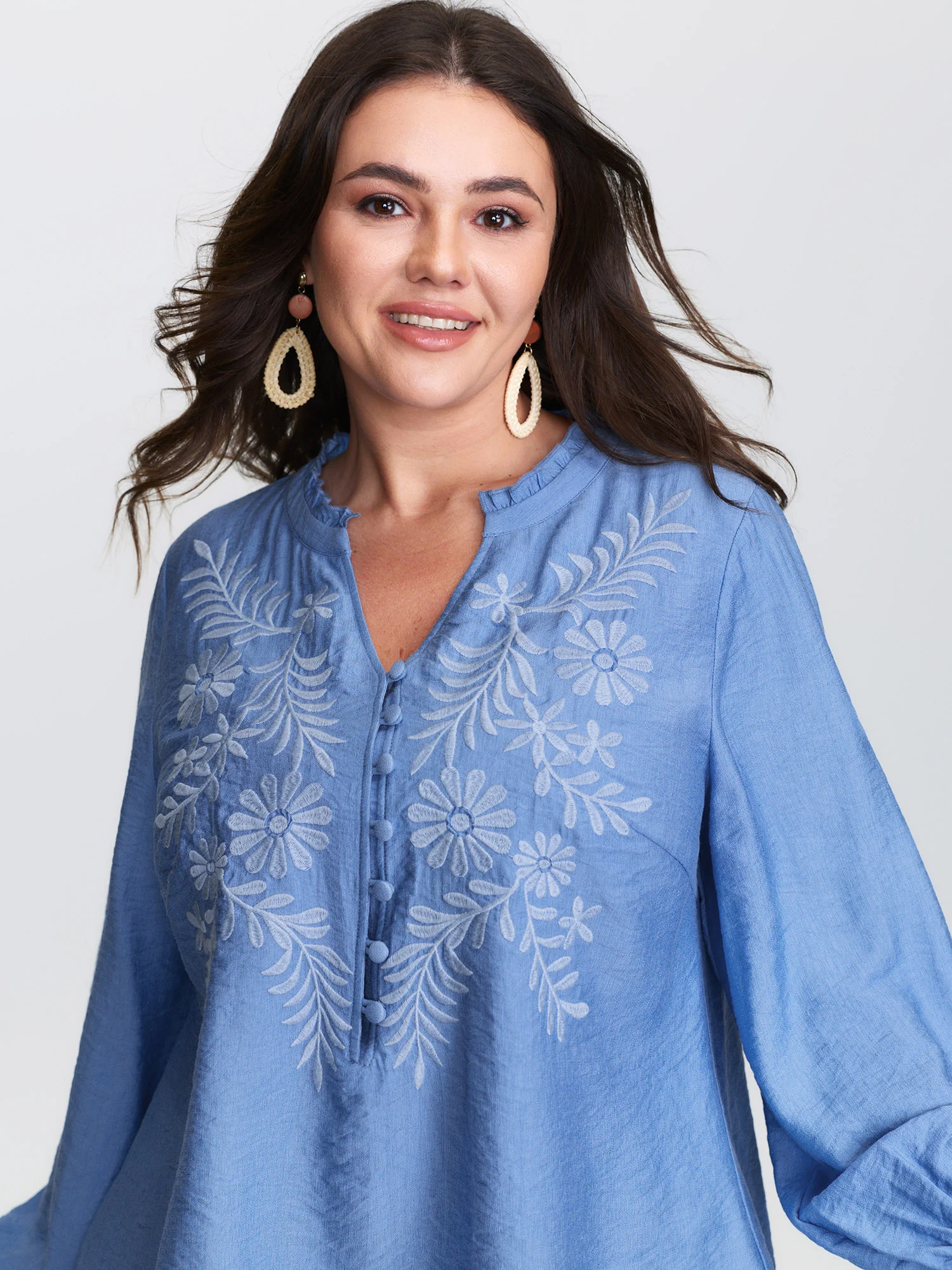 Floral Embroidery Button Detail Blouse - Image 2