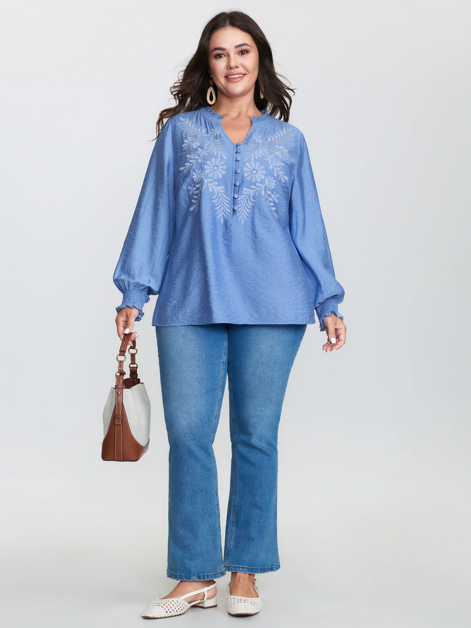 Floral Embroidery Button Detail Blouse - Image 3