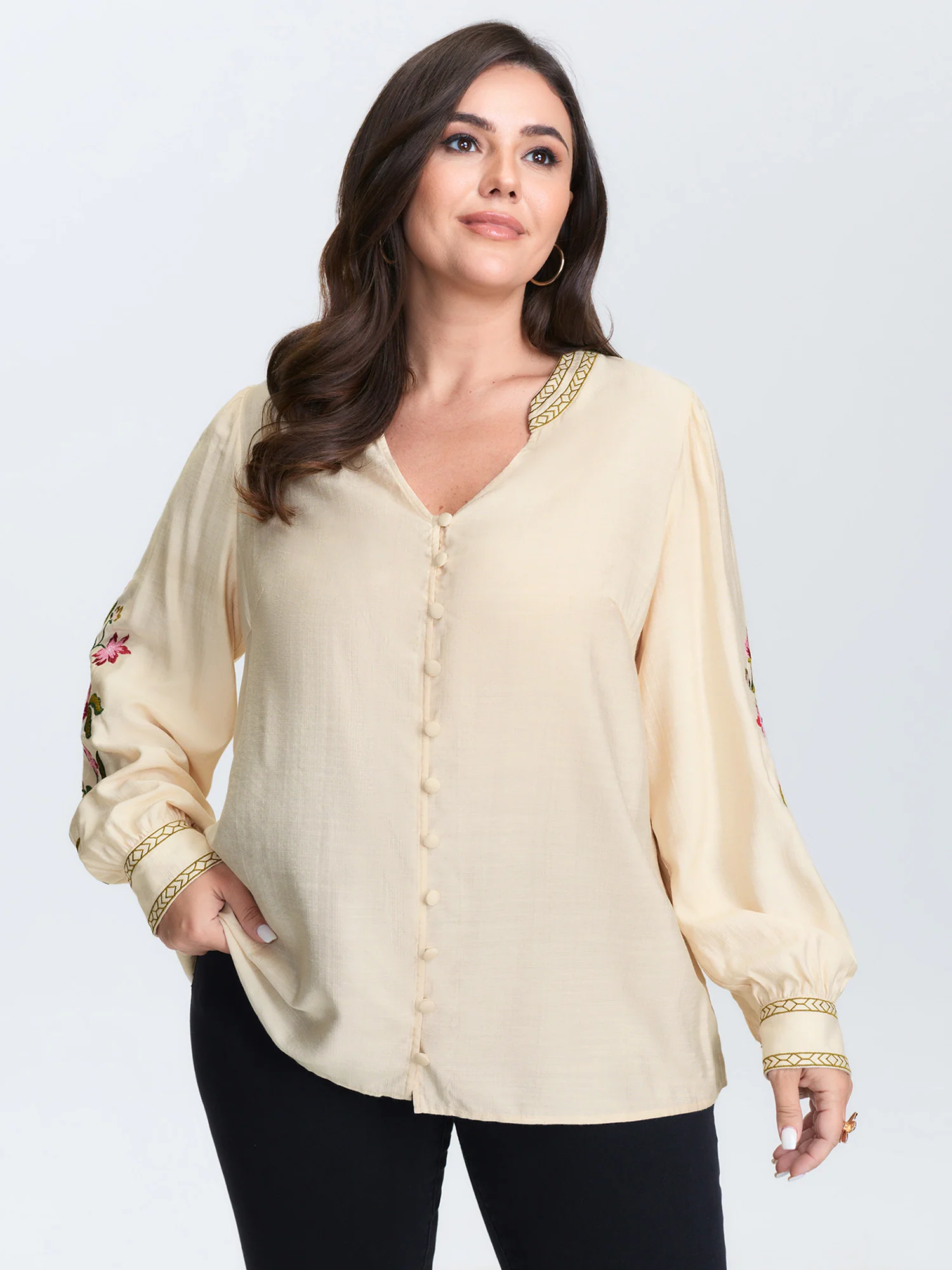 Floral Embroidery Button Front Blouse - Image 2