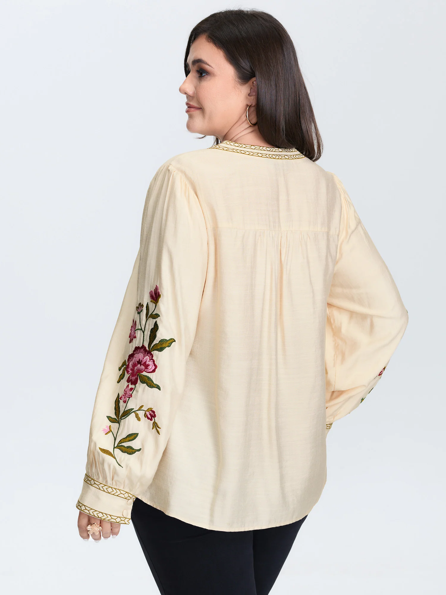 Floral Embroidery Button Front Blouse - Image 4