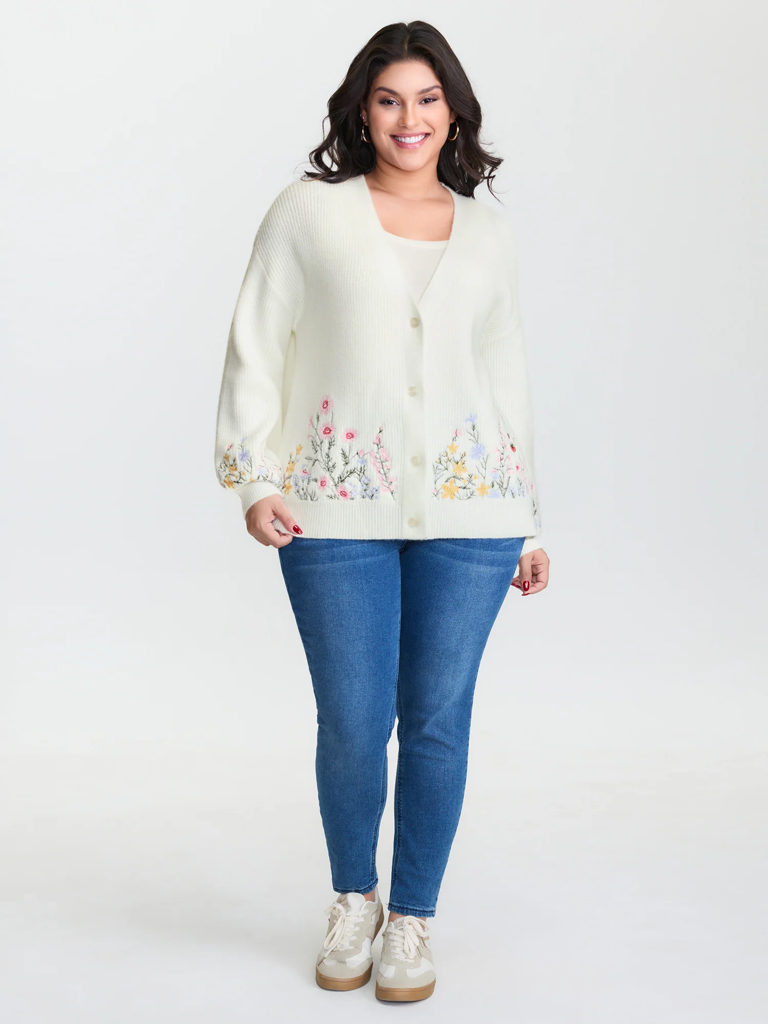 Floral Embroidery Drop Shoulder Knit Cardigan - Image 2