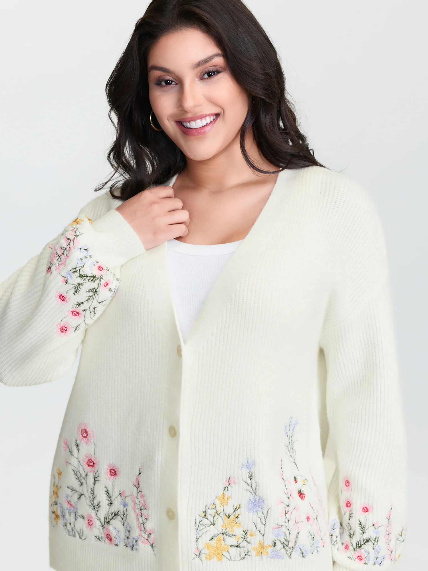 Floral Embroidery Drop Shoulder Knit Cardigan - Image 3