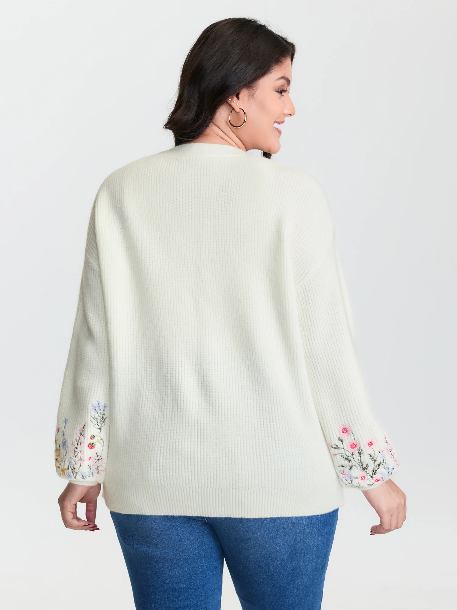 Floral Embroidery Drop Shoulder Knit Cardigan - Image 4