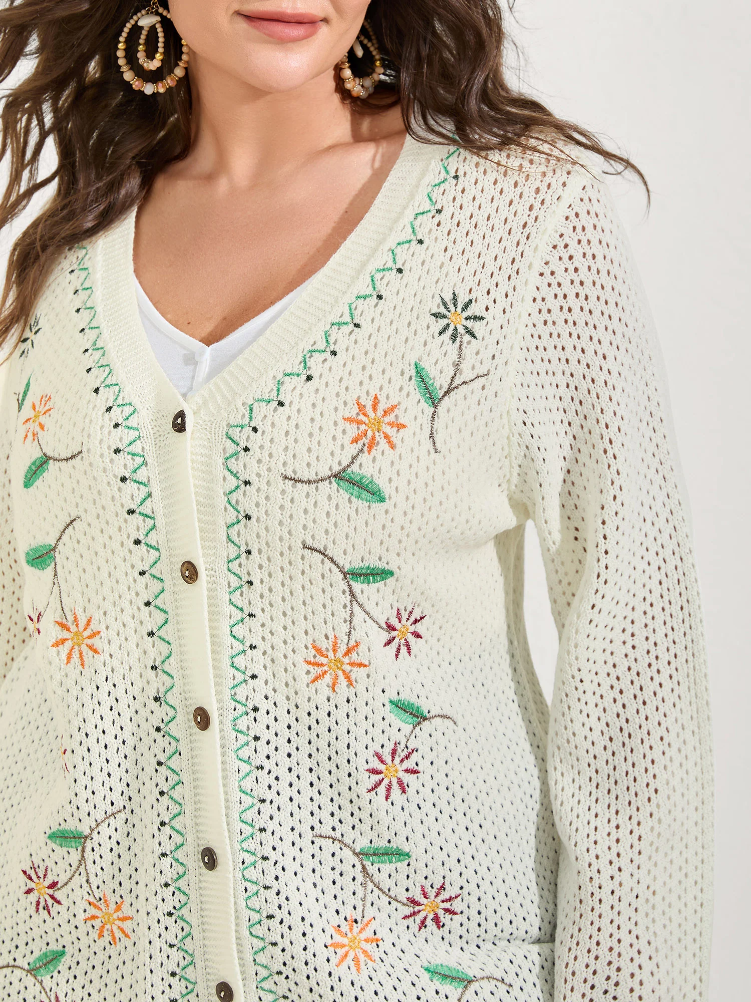 Floral Embroidery Flared Sleeve Knit Cardigan - Image 4