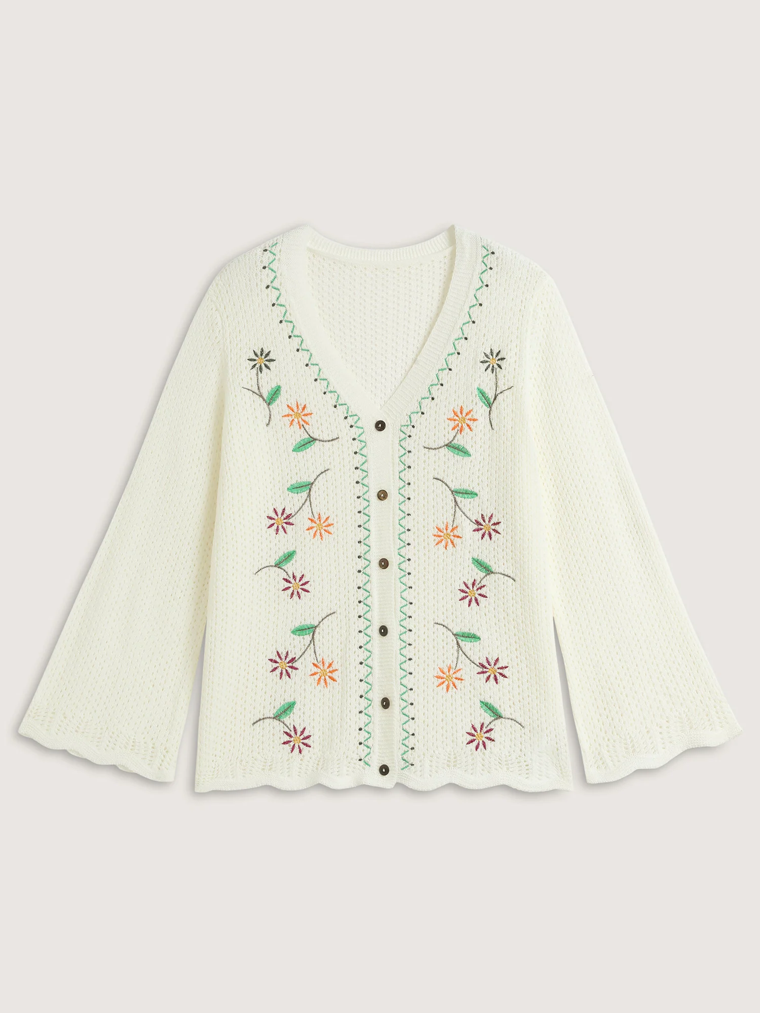 Floral Embroidery Flared Sleeve Knit Cardigan - Image 7