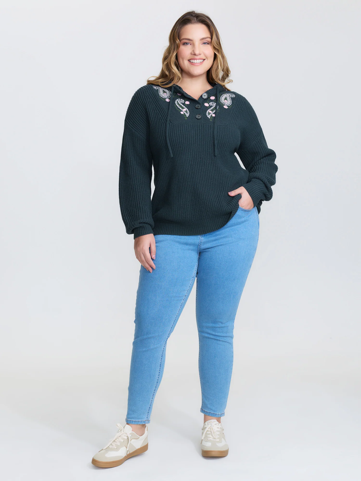 Floral Embroidery Hooded Textured Pullover - Image 2