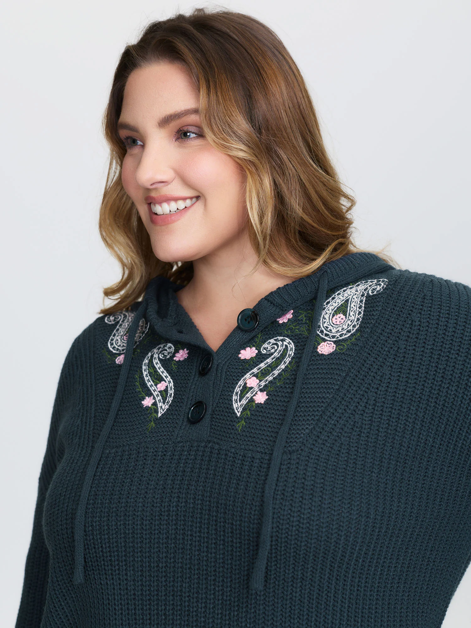 Floral Embroidery Hooded Textured Pullover - Image 3