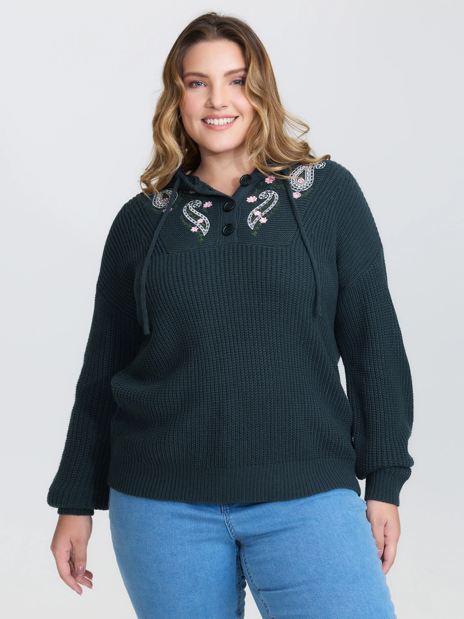 Floral Embroidery Hooded Textured Pullover - Image 4