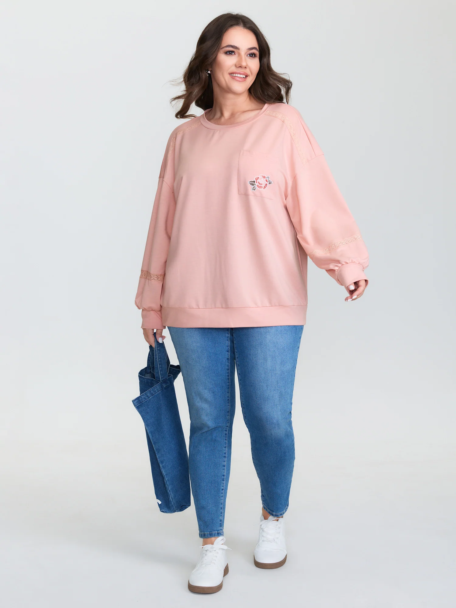 Floral Embroidery Lace Trim Sweatshirt - Image 3