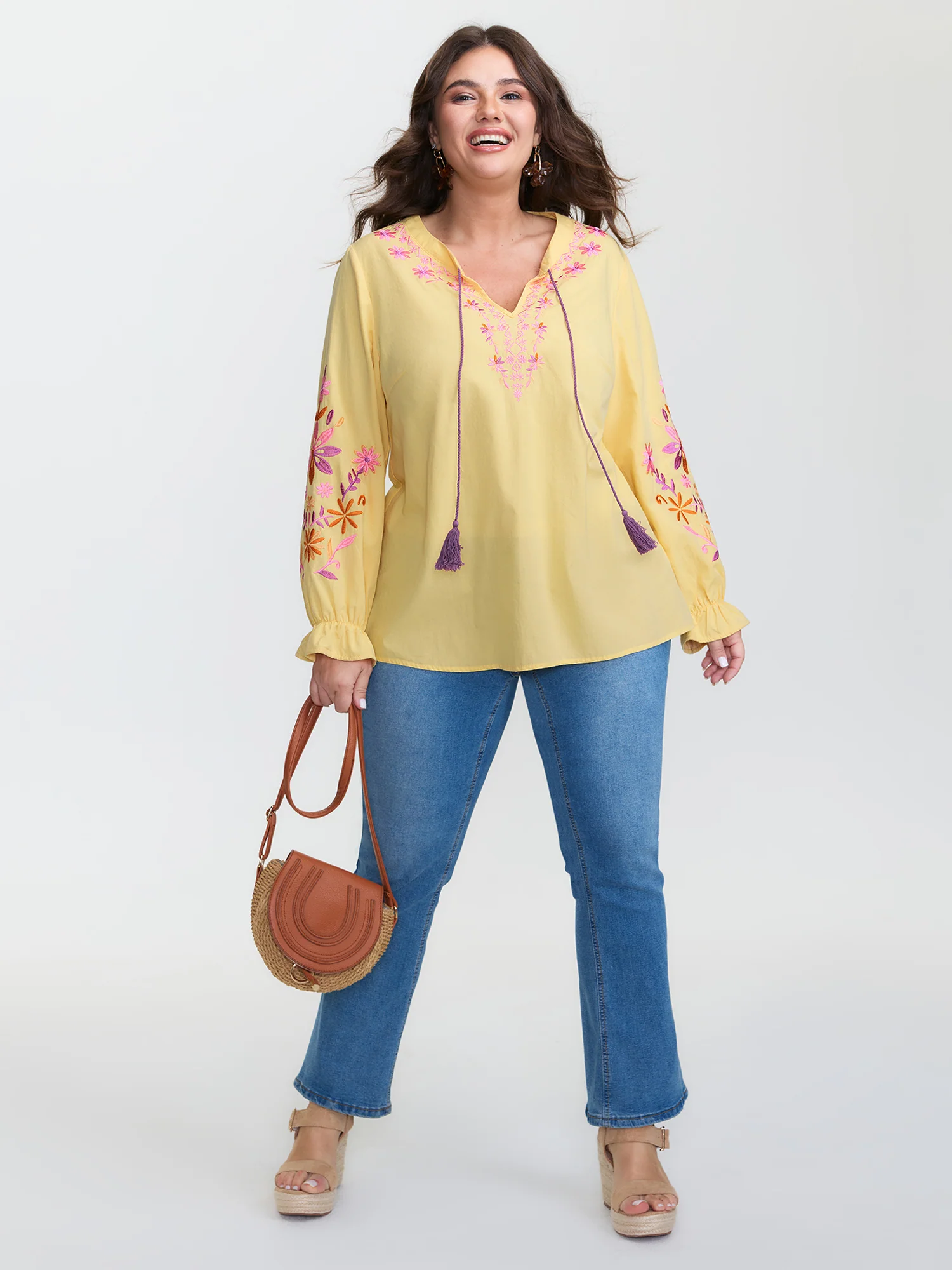 Floral Embroidery Neck Tie Blouse - Image 3