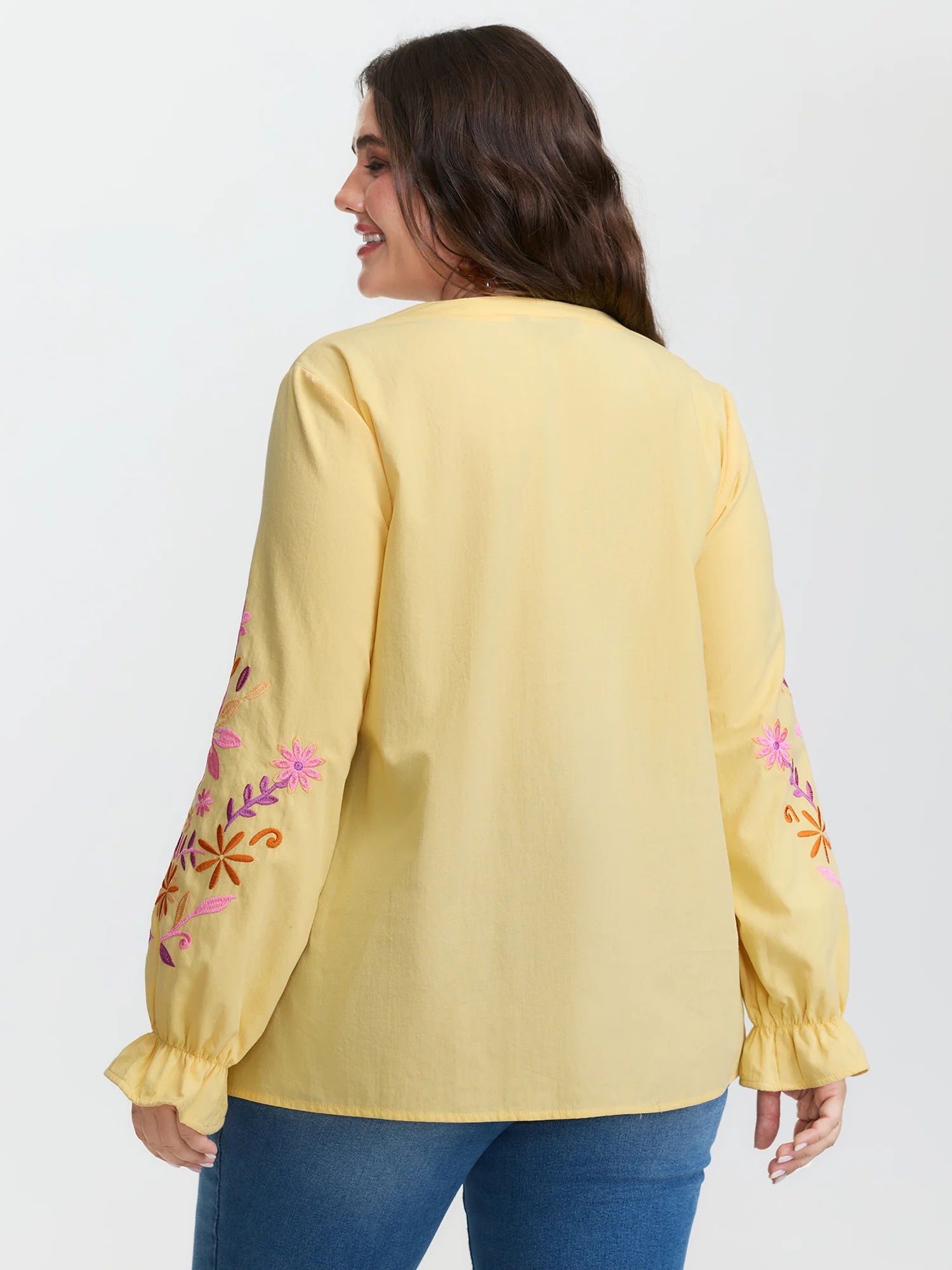 Floral Embroidery Neck Tie Blouse - Image 4