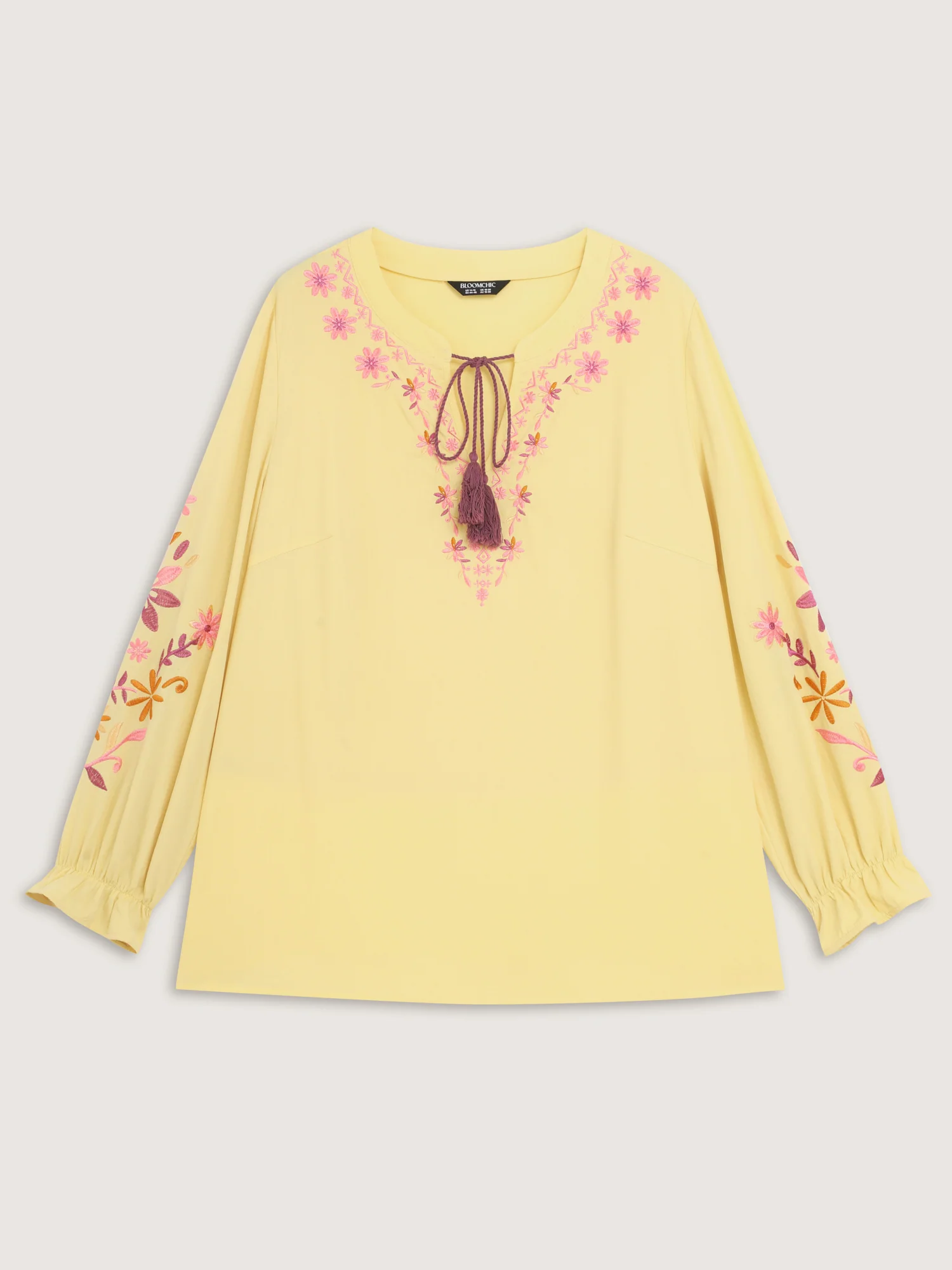 Floral Embroidery Neck Tie Blouse - Image 7