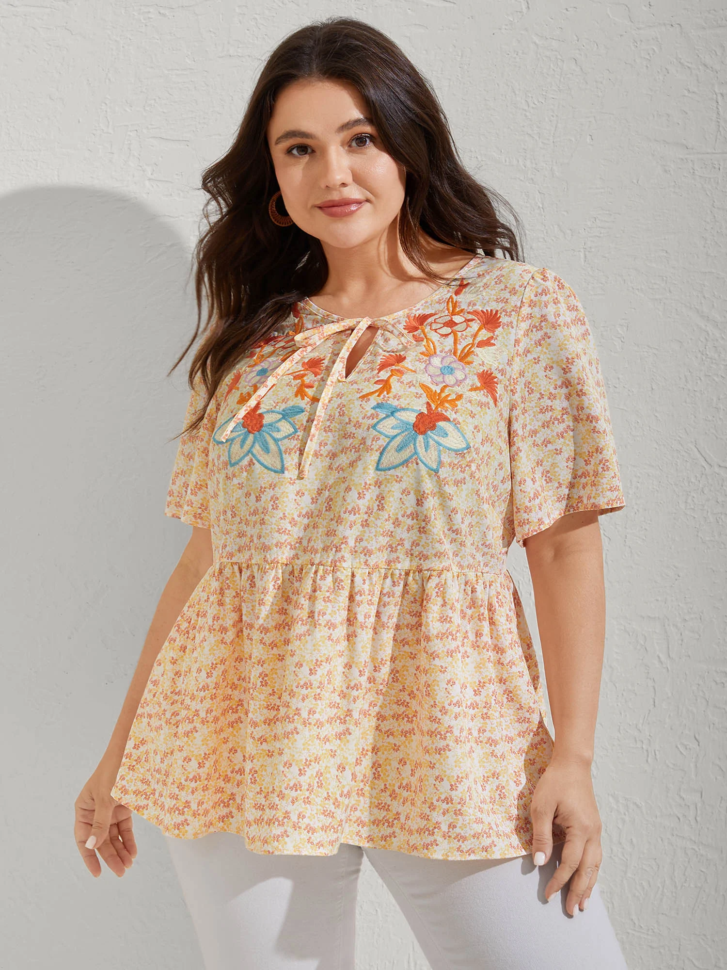Floral Embroidery Neck Tie Blouse - Image 2