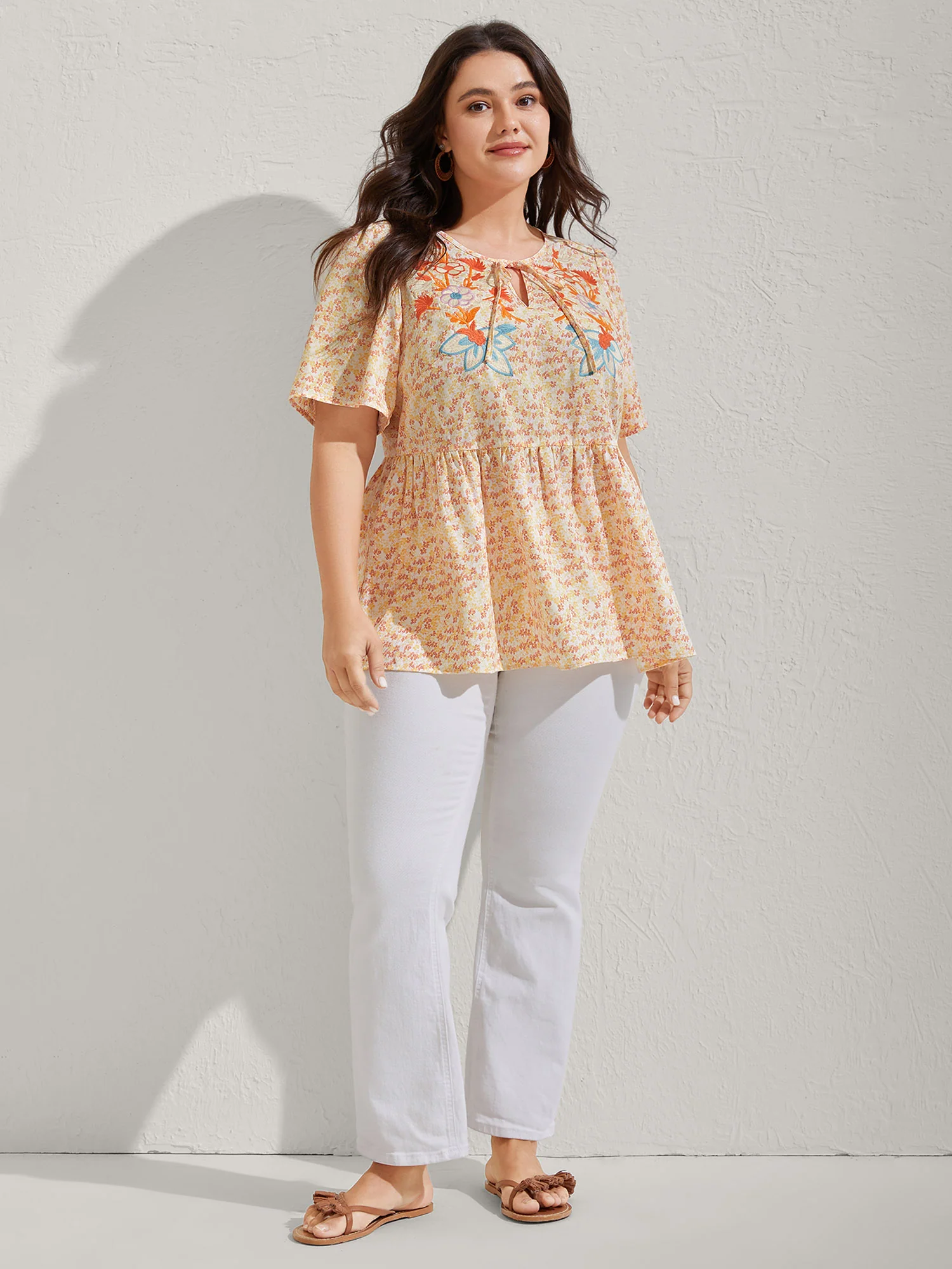 Floral Embroidery Neck Tie Blouse - Image 3