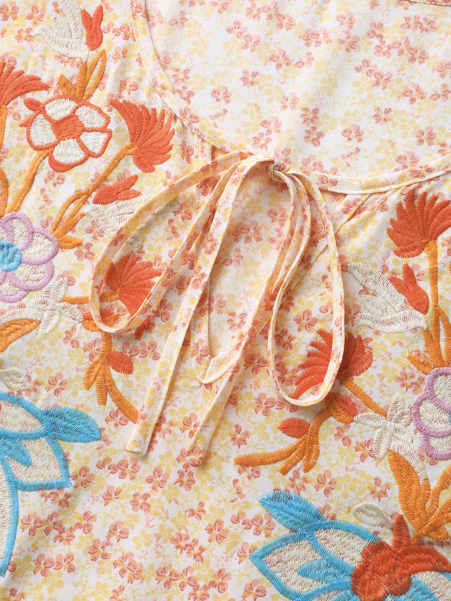 Floral Embroidery Neck Tie Blouse - Image 5