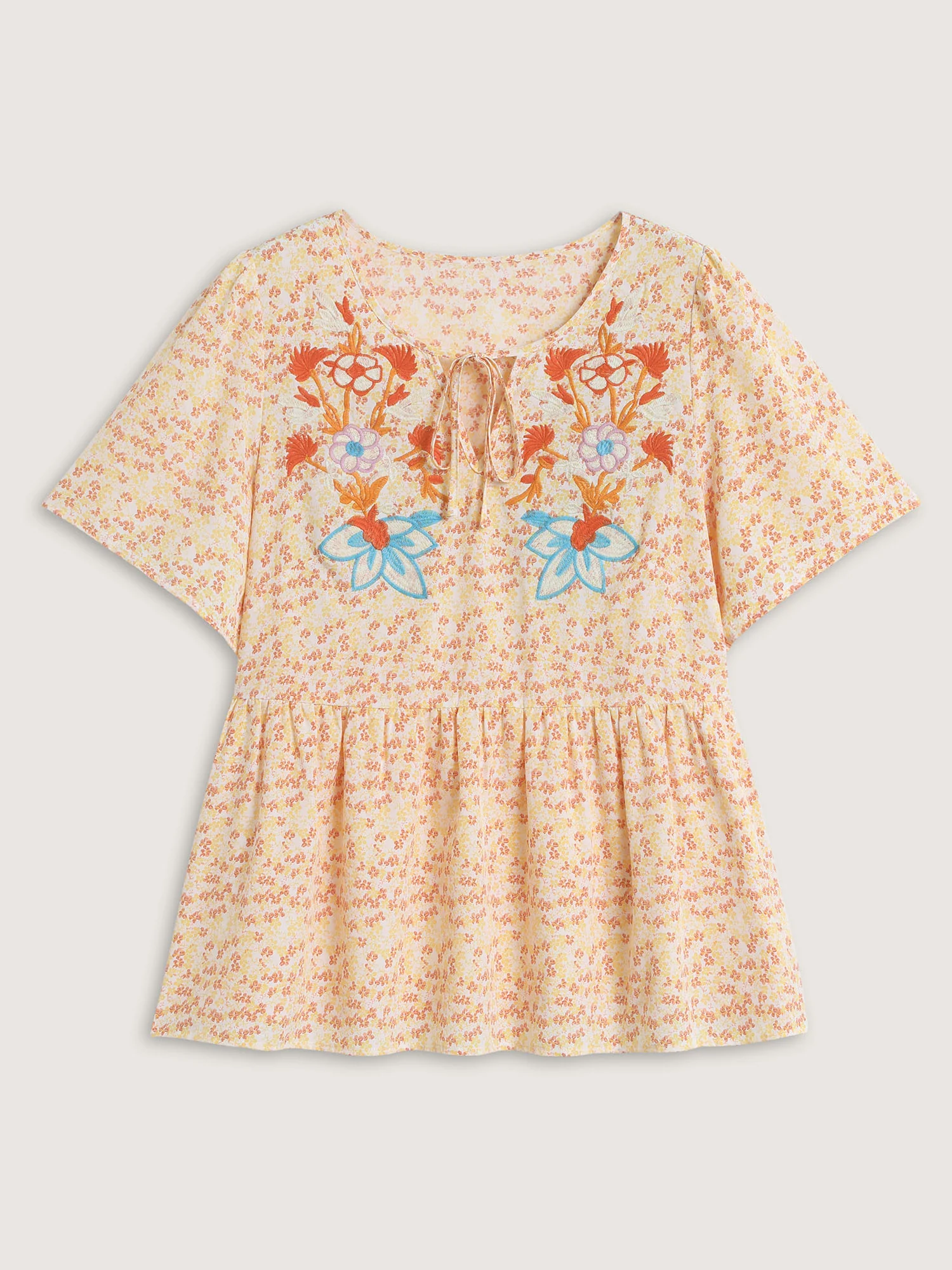 Floral Embroidery Neck Tie Blouse - Image 7
