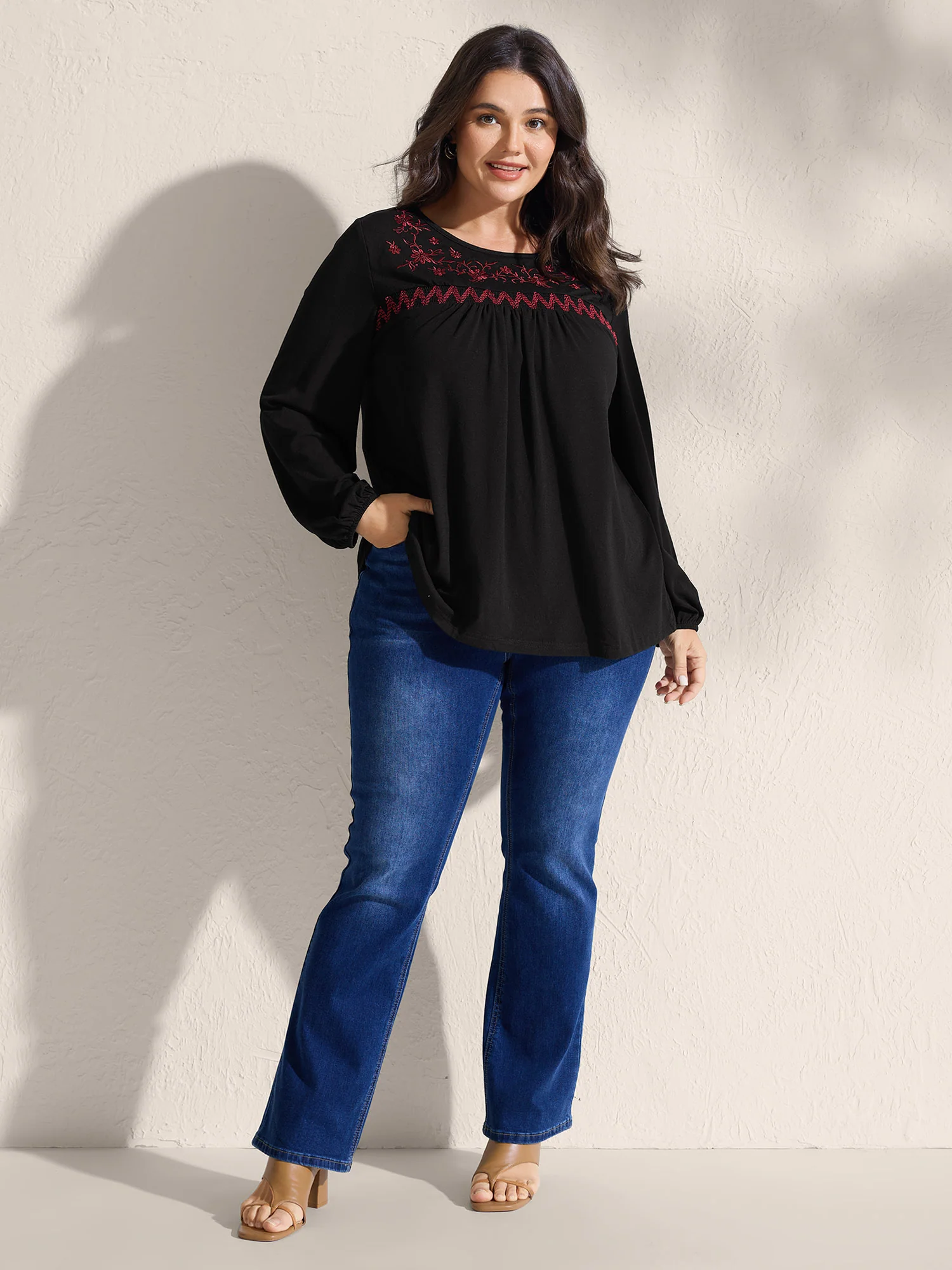 Floral Embroidery Neckline Shirred Knit Top - Image 3