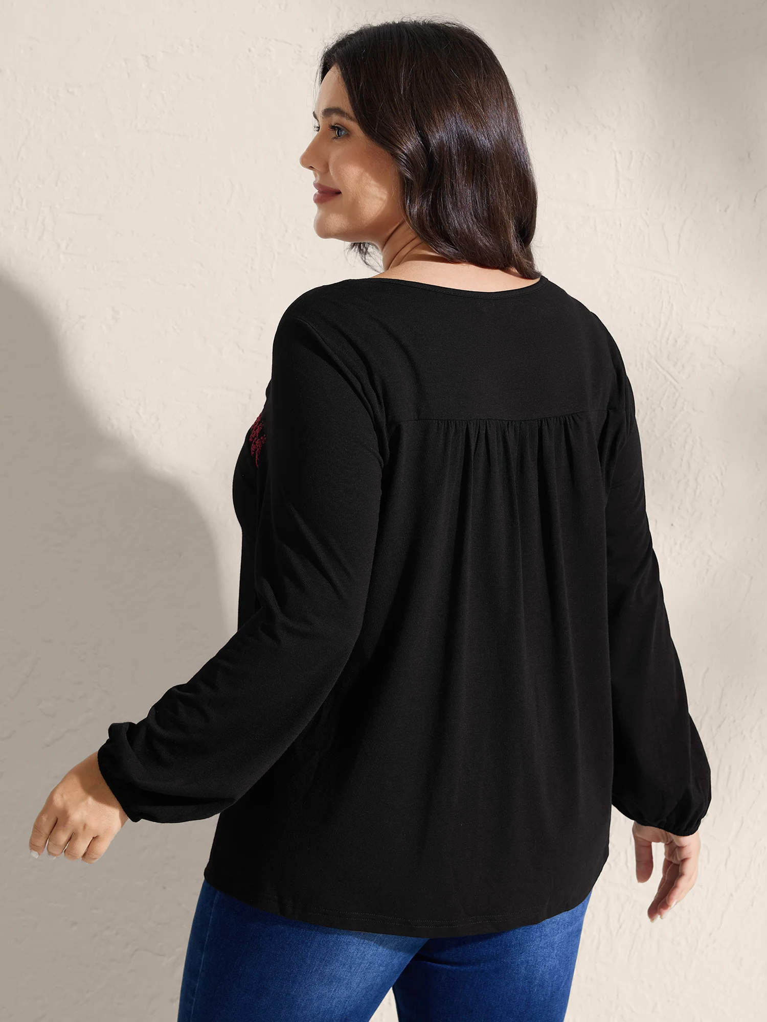 Floral Embroidery Neckline Shirred Knit Top - Image 4
