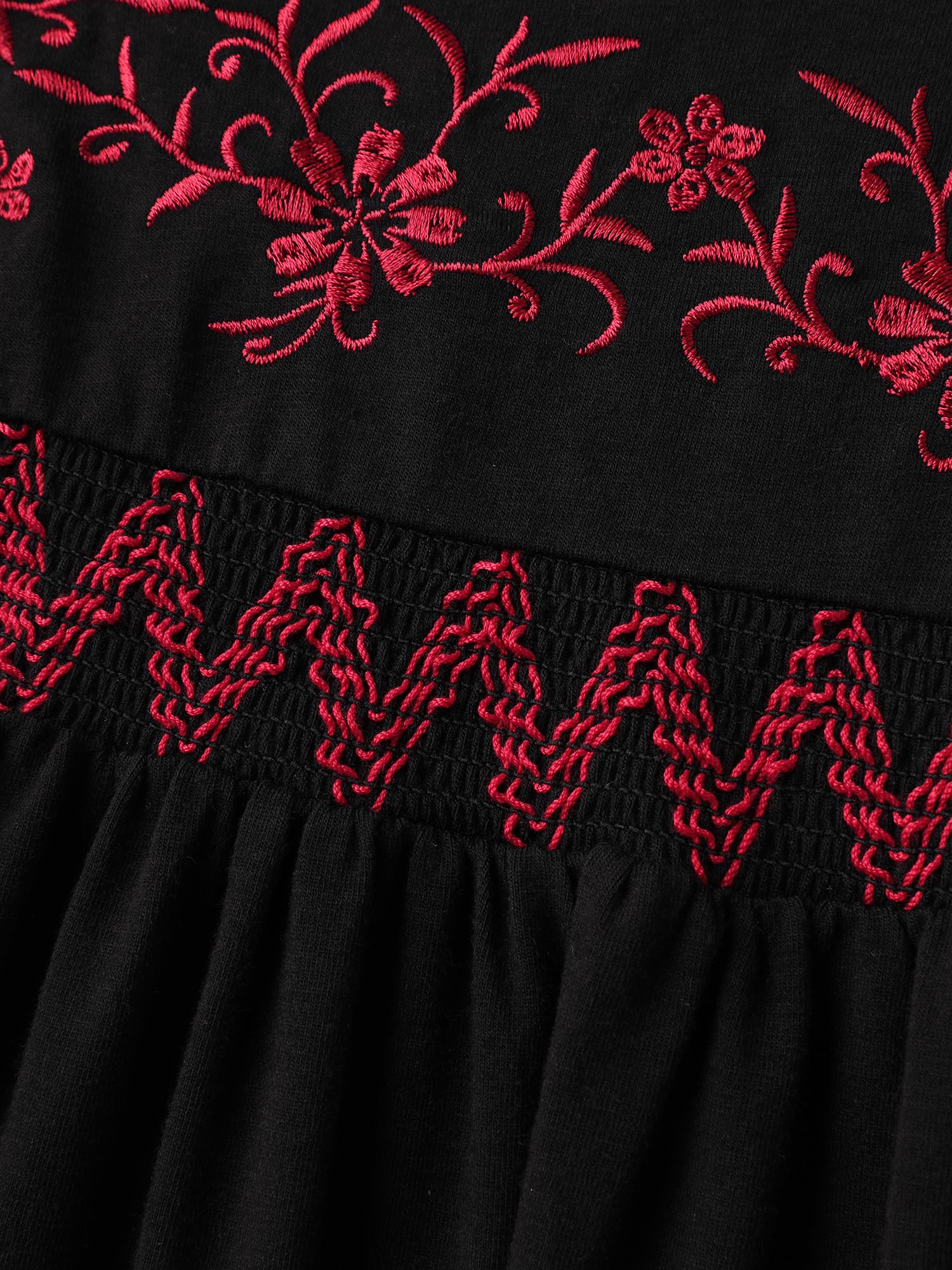 Floral Embroidery Neckline Shirred Knit Top - Image 5