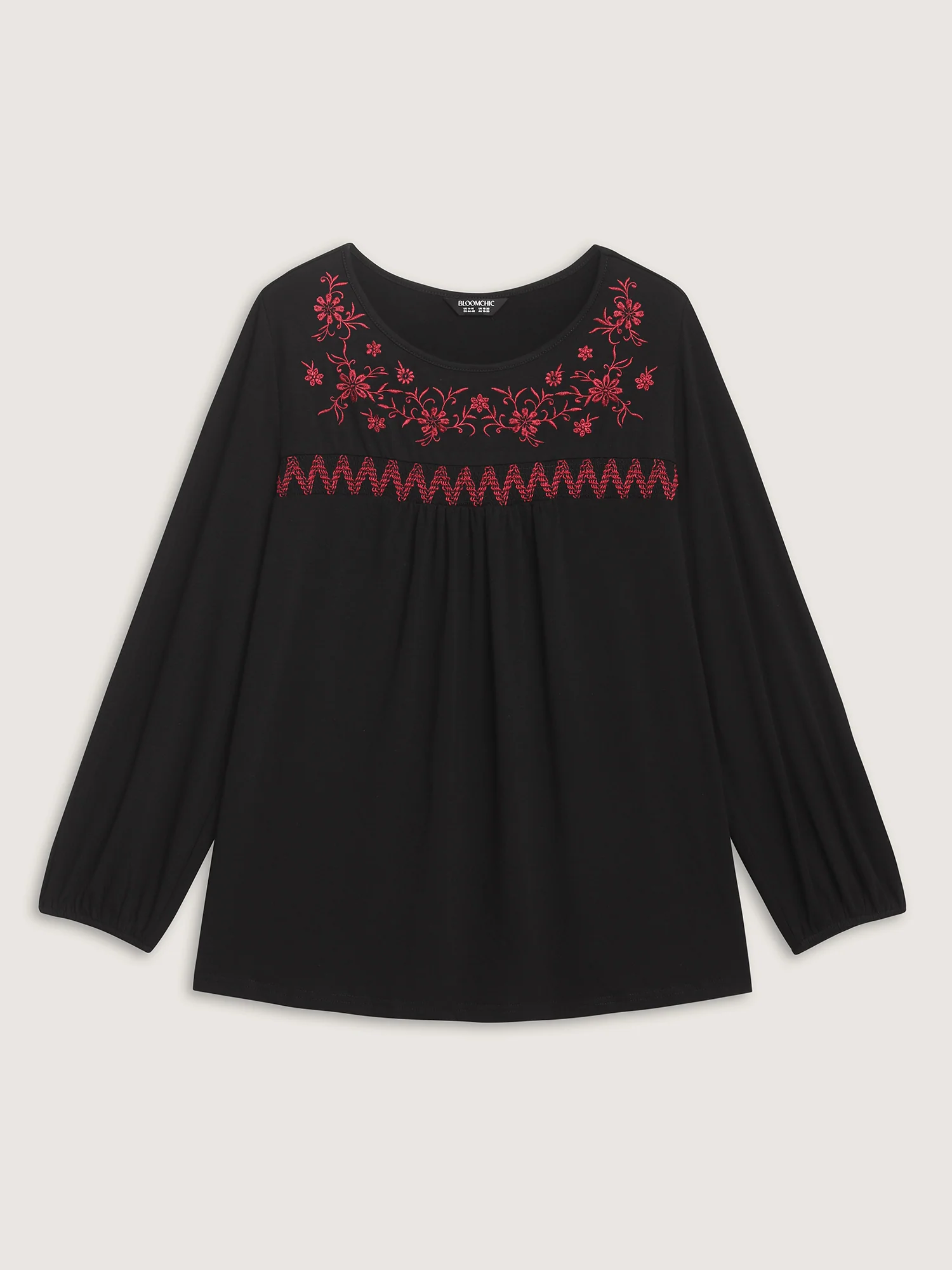 Floral Embroidery Neckline Shirred Knit Top - Image 7