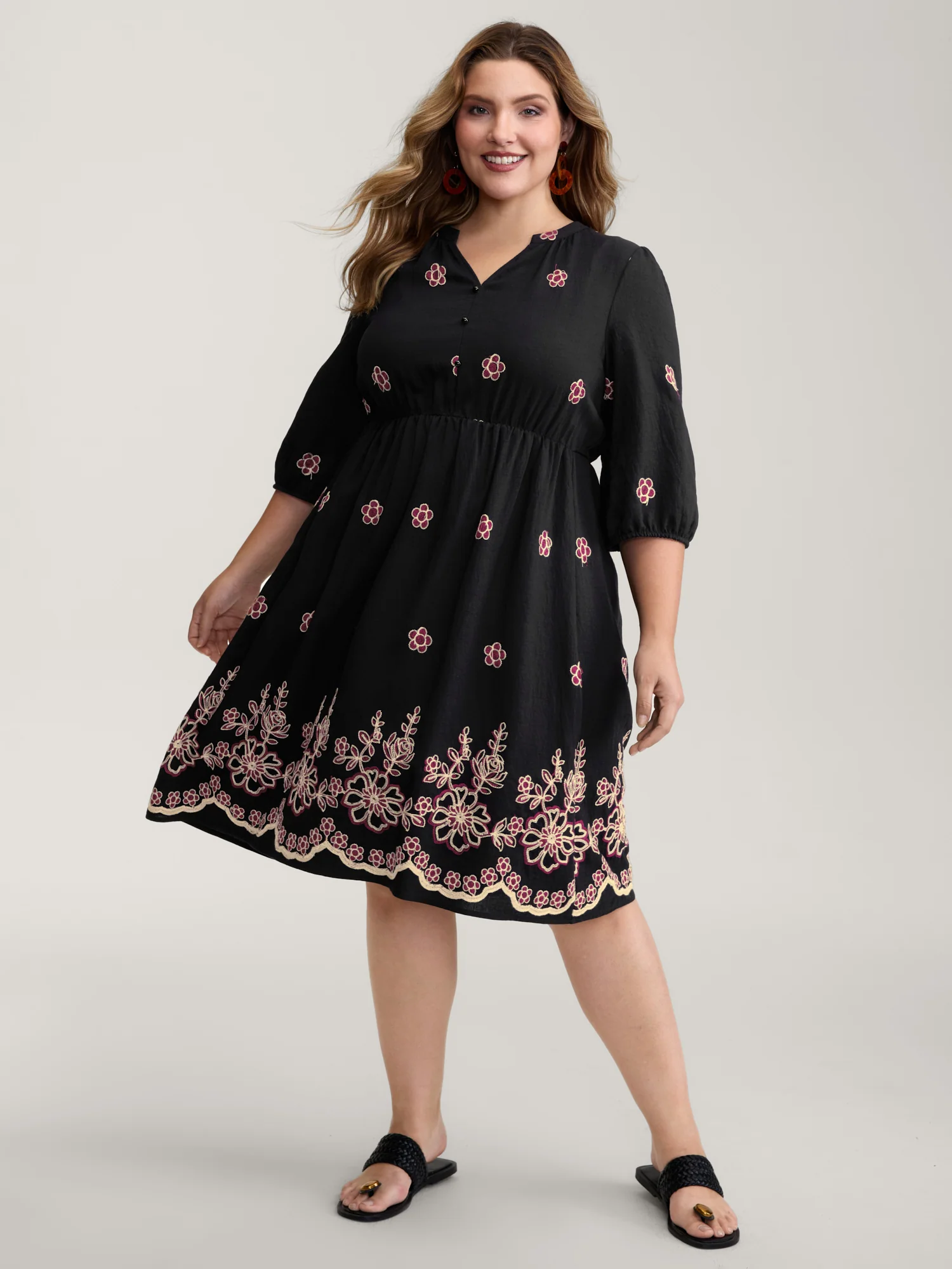 Floral Embroidery Notched Collar Knee-Length Dress - Image 3