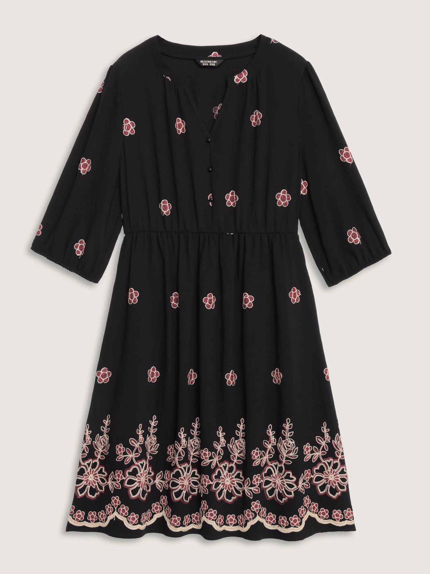 Floral Embroidery Notched Collar Knee-Length Dress - Image 7