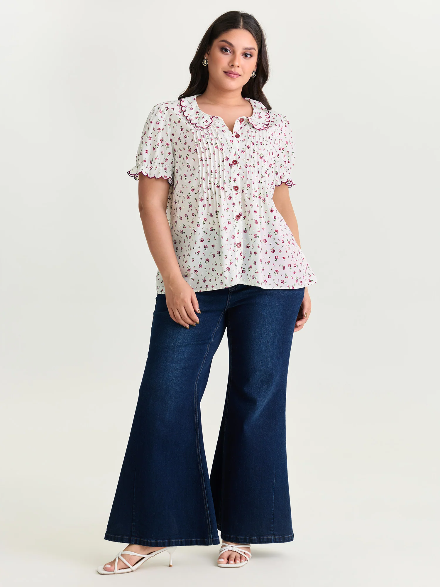 Floral Embroidery Pleated Button-Front Blouse - Image 10