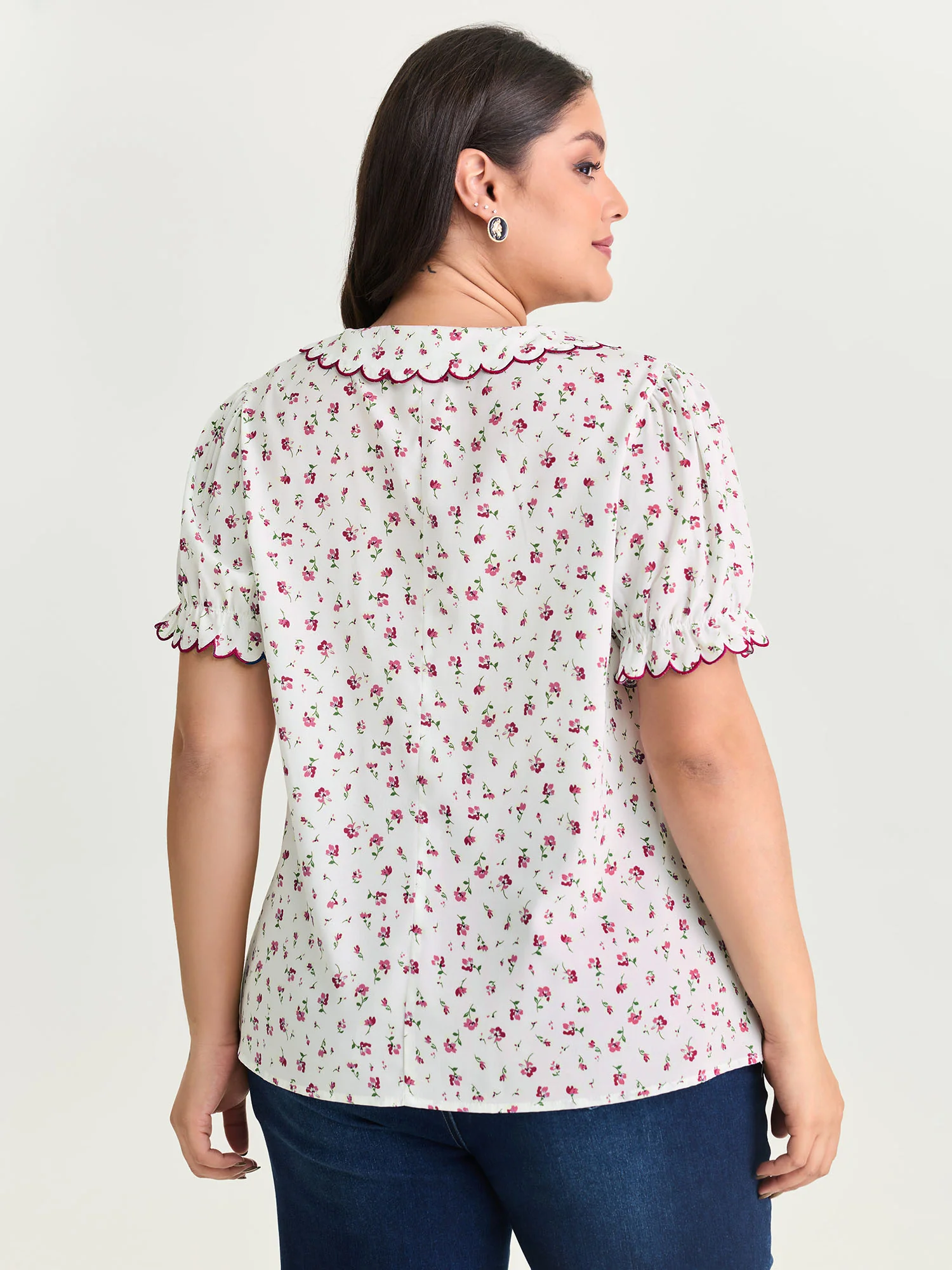 Floral Embroidery Pleated Button-Front Blouse - Image 11