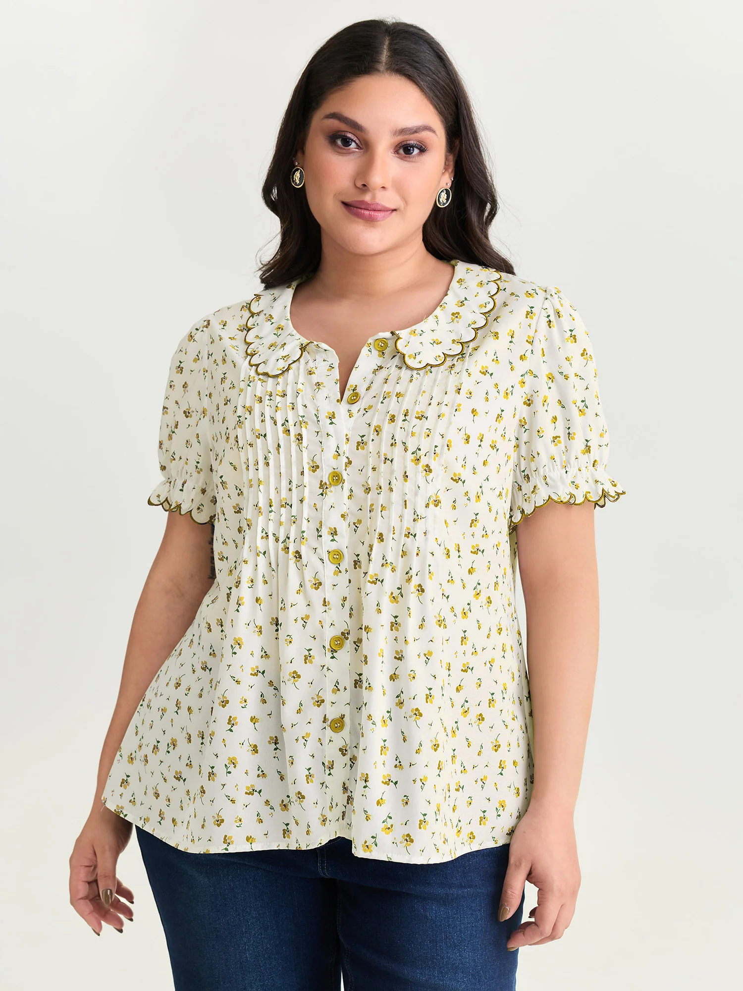 Floral Embroidery Pleated Button-Front Blouse - Image 12
