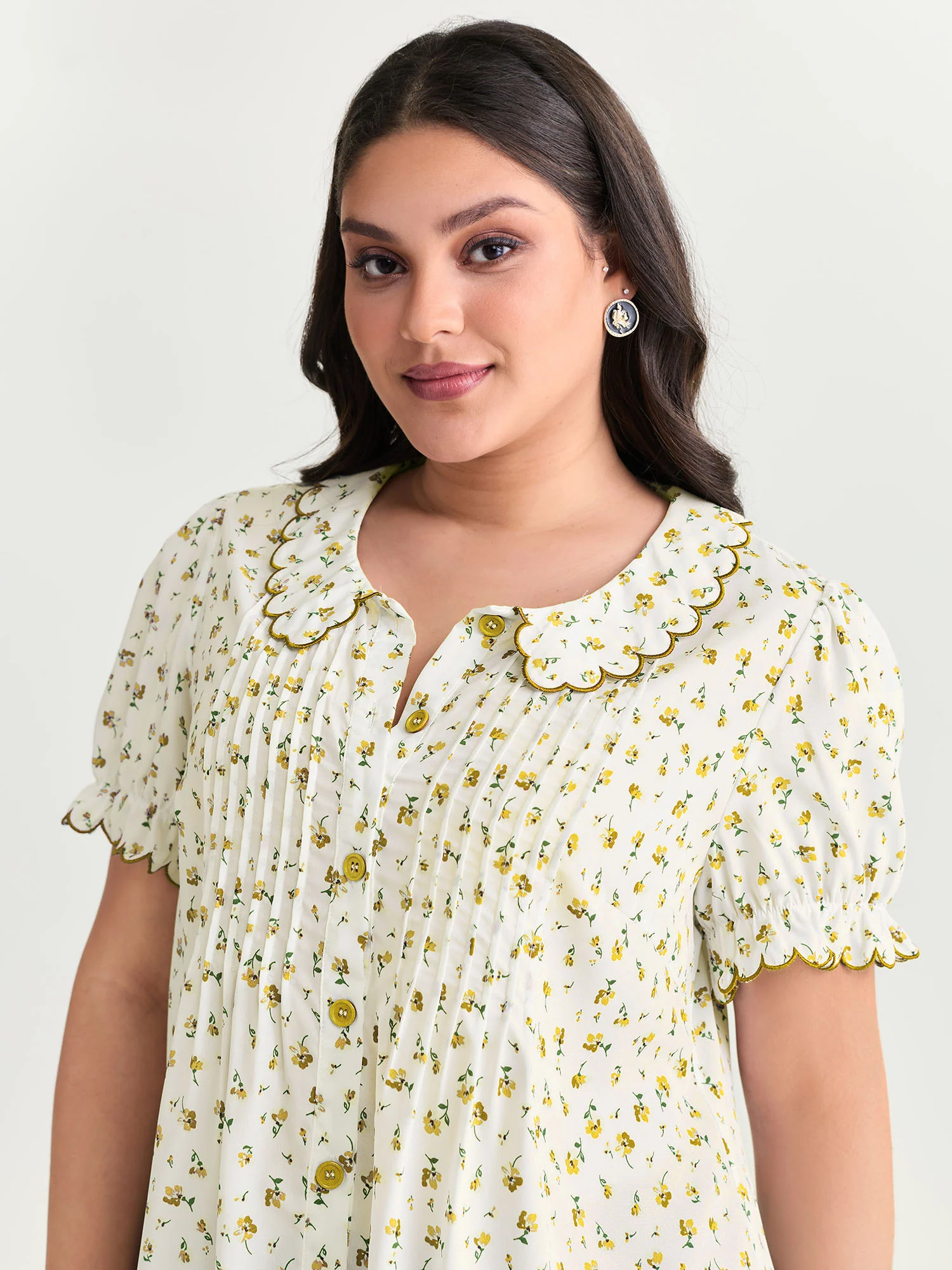 Floral Embroidery Pleated Button-Front Blouse - Image 13