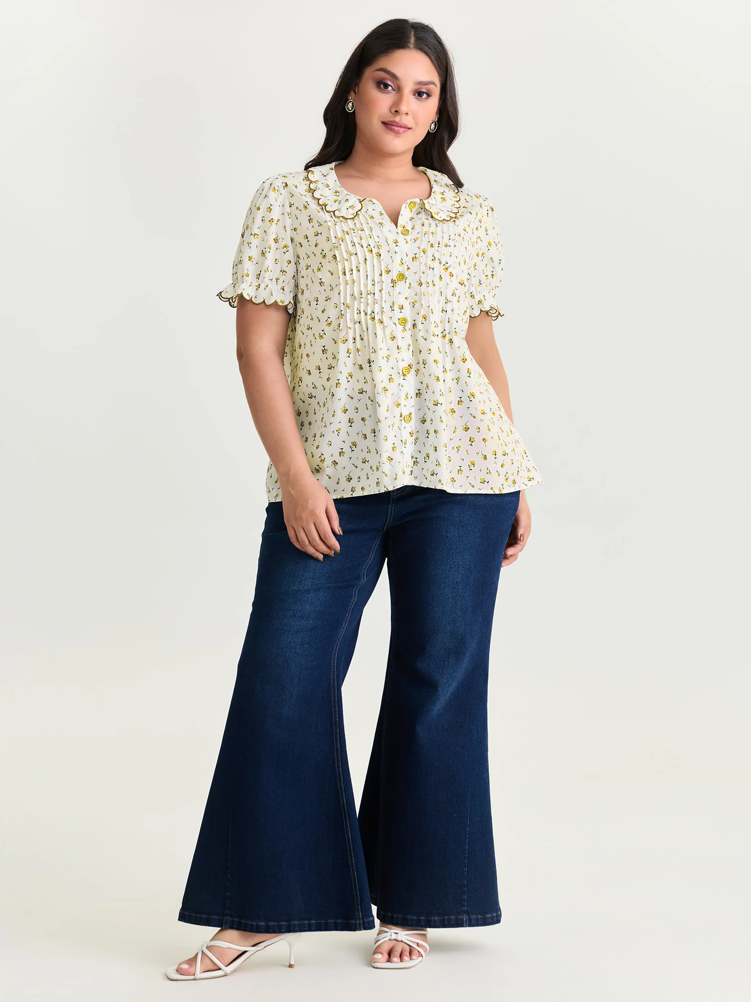 Floral Embroidery Pleated Button-Front Blouse - Image 14