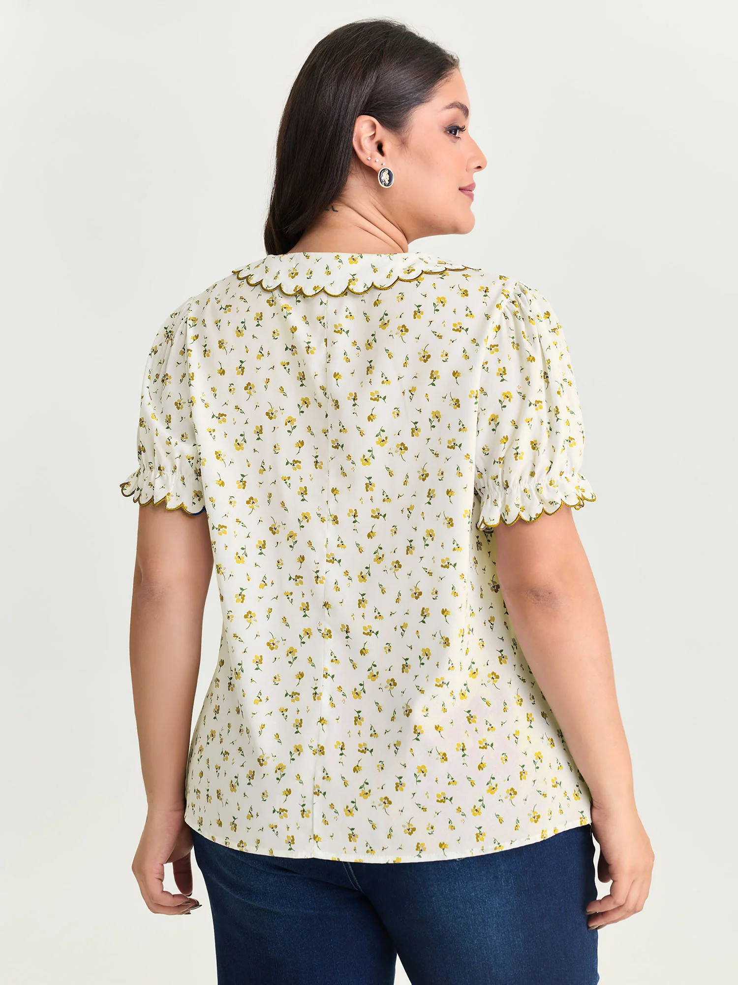 Floral Embroidery Pleated Button-Front Blouse - Image 15