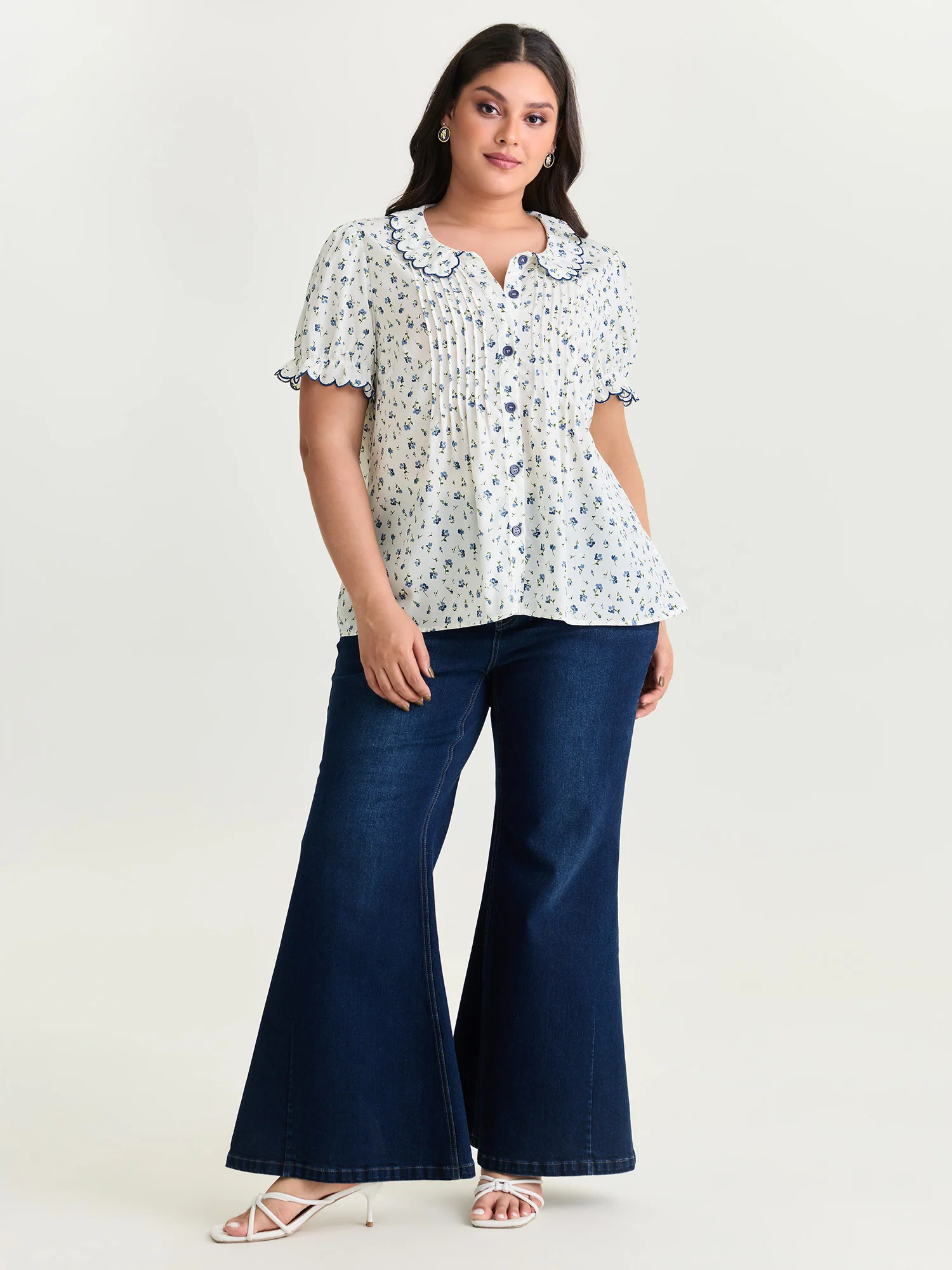 Floral Embroidery Pleated Button-Front Blouse - Image 3