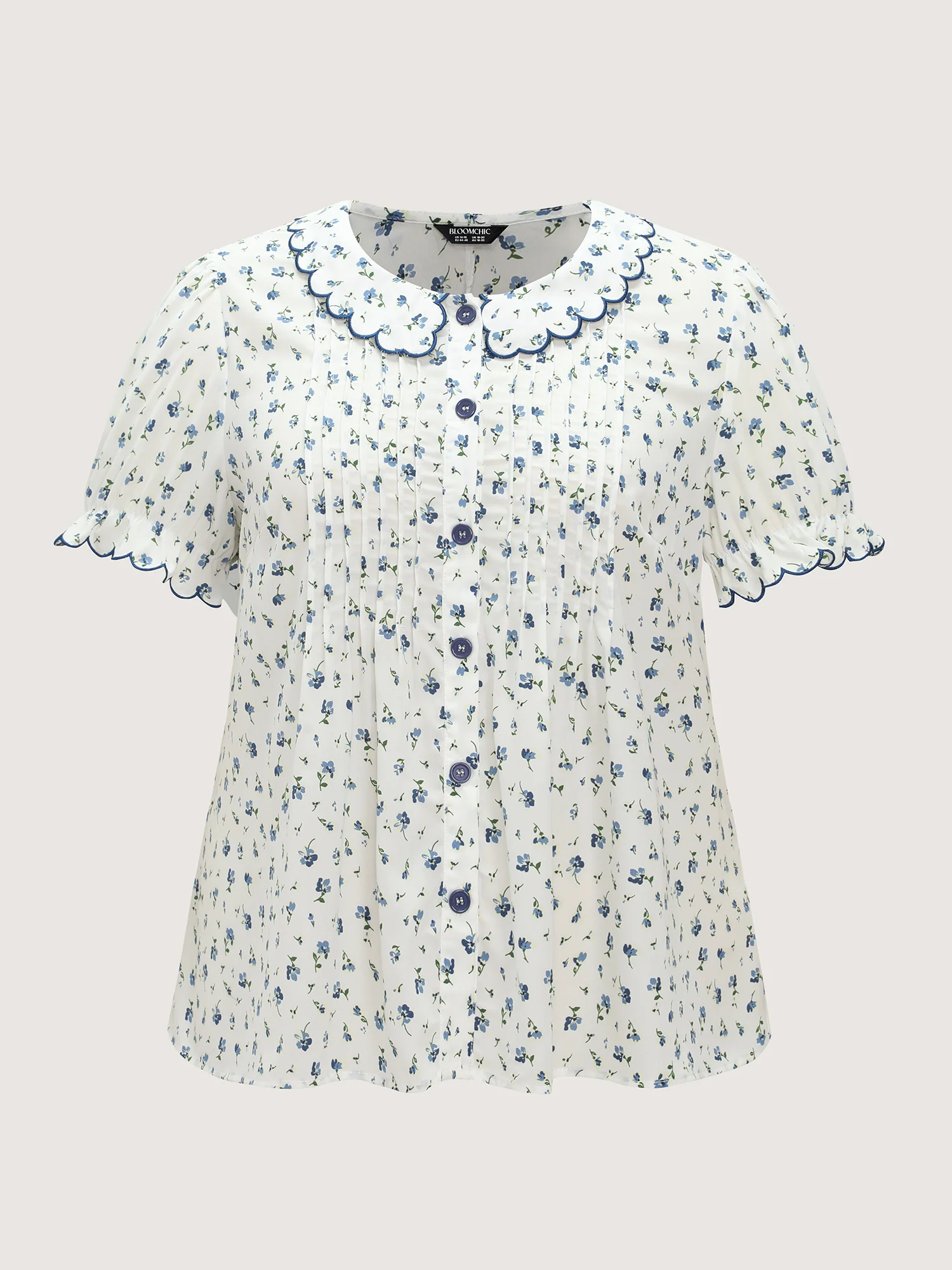 Floral Embroidery Pleated Button-Front Blouse - Image 7