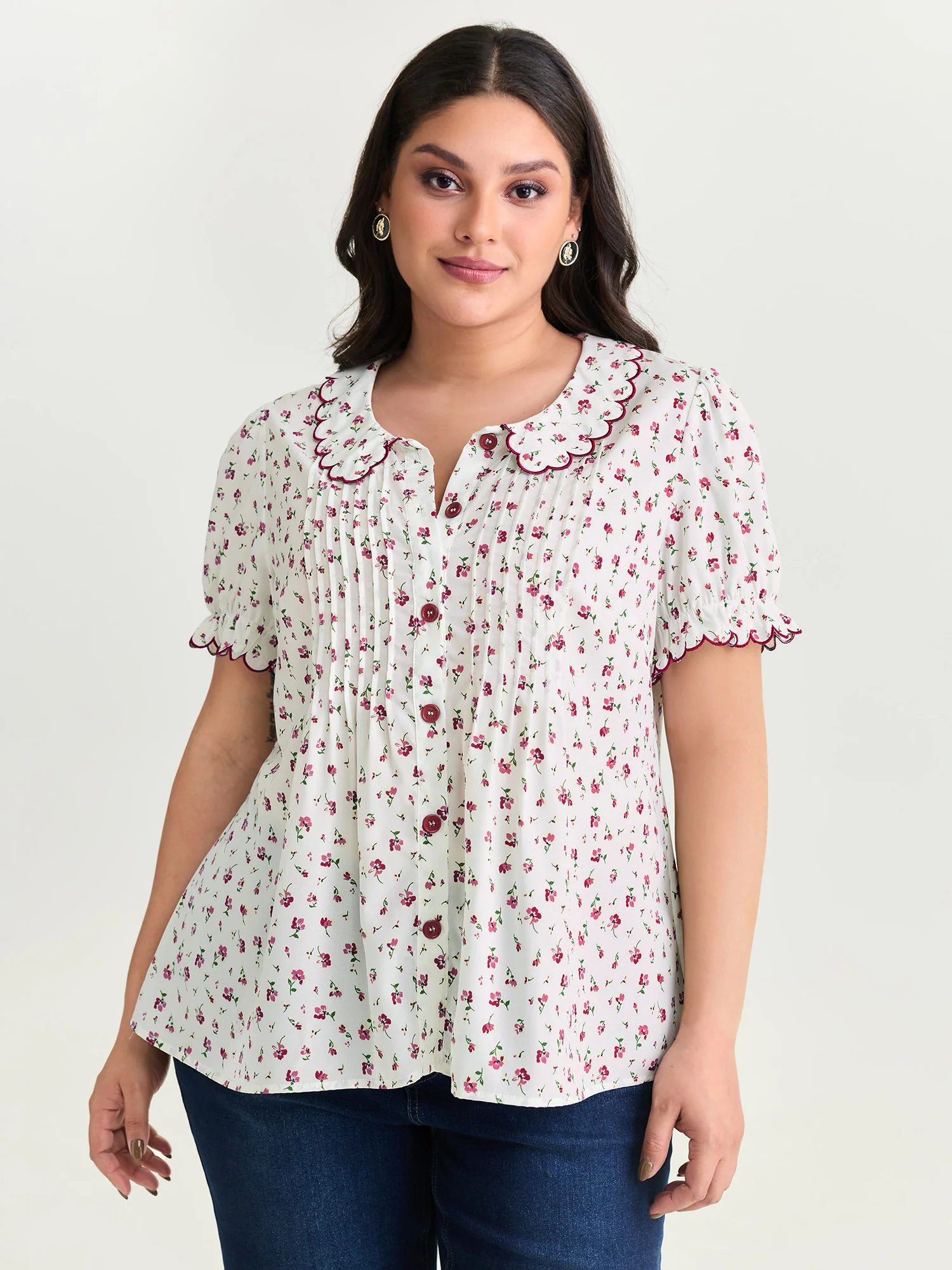 Floral Embroidery Pleated Button-Front Blouse - Image 8